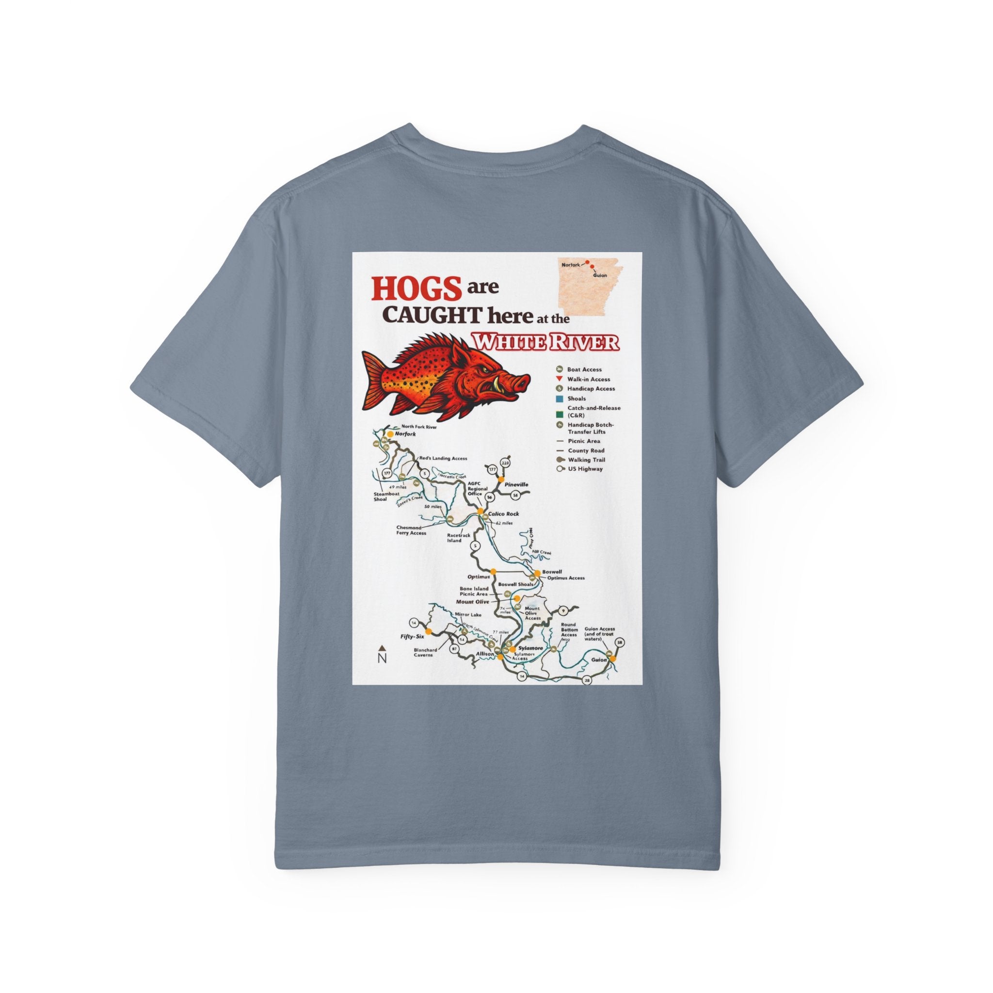 AFFCC White River Fishing Map T-Shirt — “Hogs Are Caught Here” Arkansas White River Trout Map