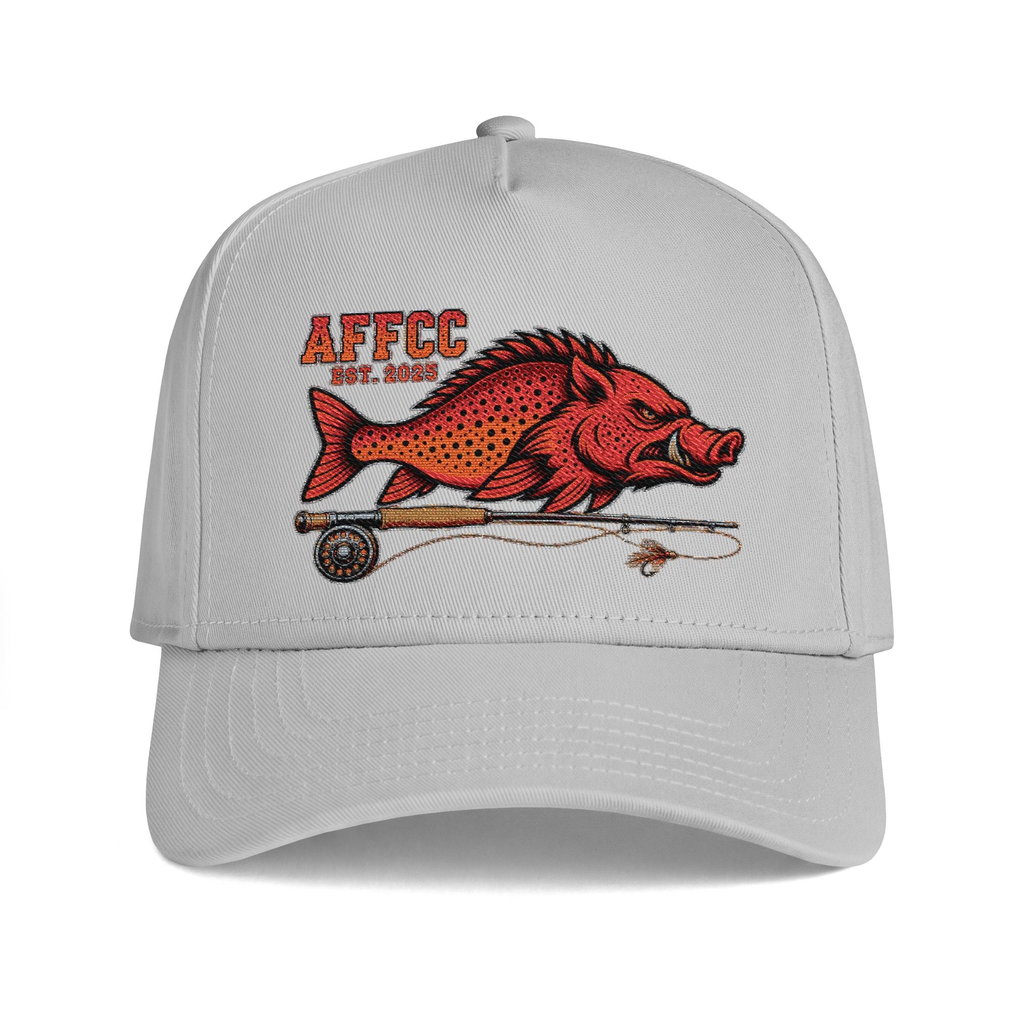 AFFCC Embroidered Hog/Trout With Fly Rod Curved Bill Hat  — AFCC Logo Adjustable Trucker Hat