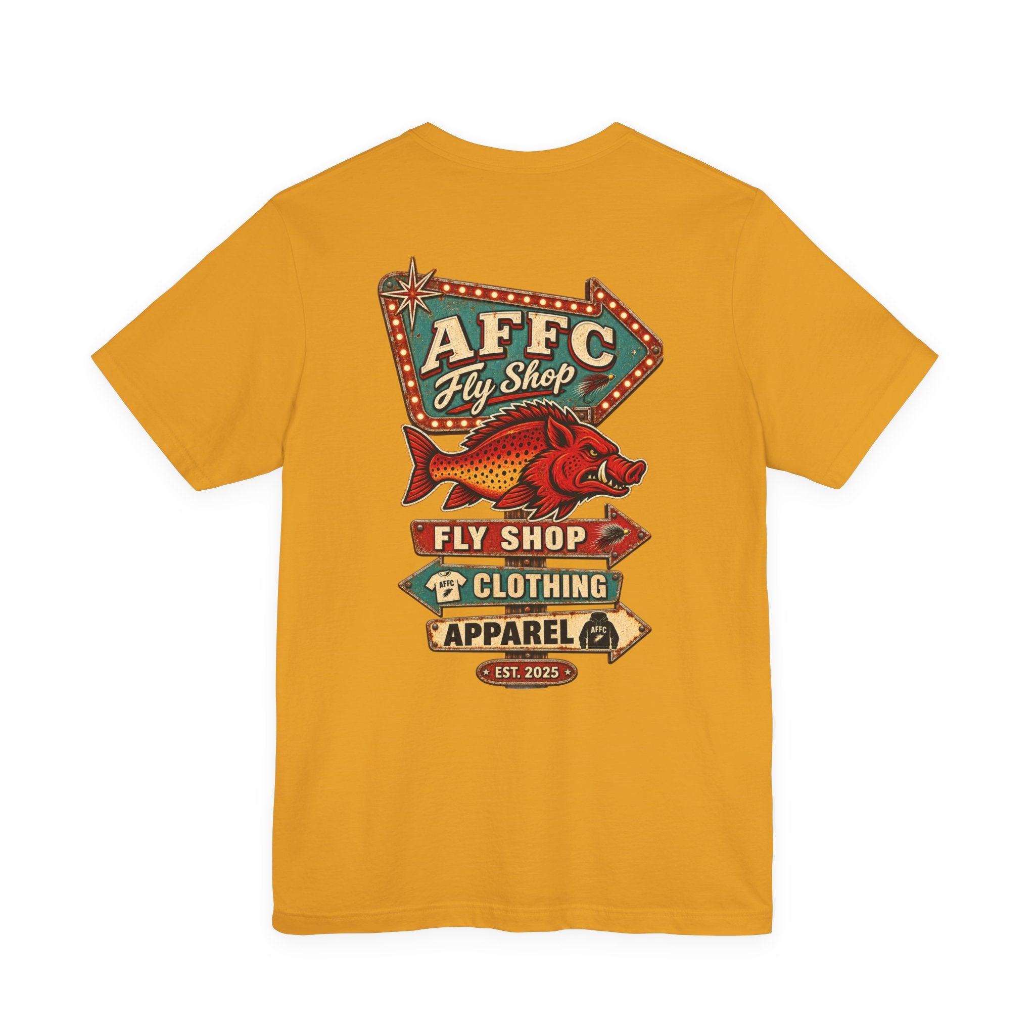 Athletic Fit Runs Small AFFCC Fly Shop T-Shirt — Retro Fish Sign Graphic Tee (AFFC Fly Shop)