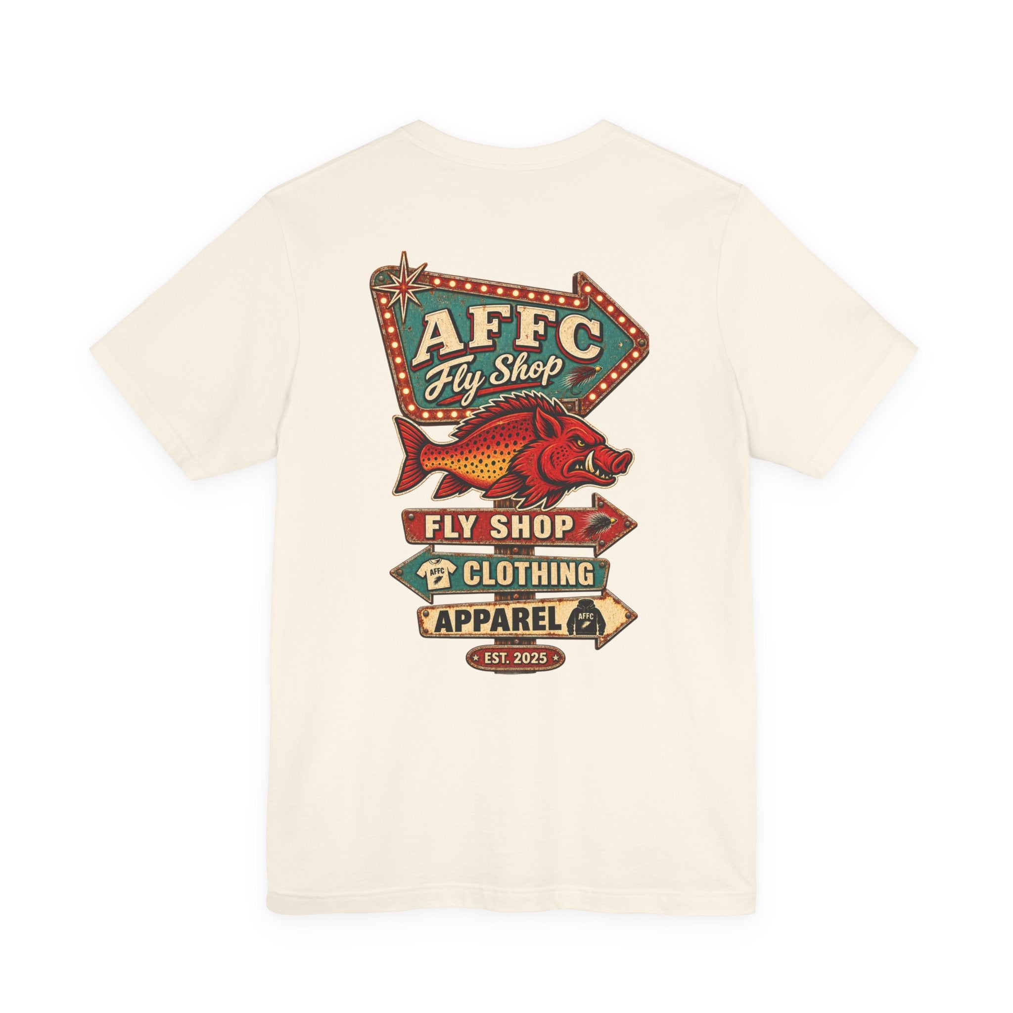 Athletic Fit Runs Small AFFCC Fly Shop T-Shirt — Retro Fish Sign Graphic Tee (AFFC Fly Shop)
