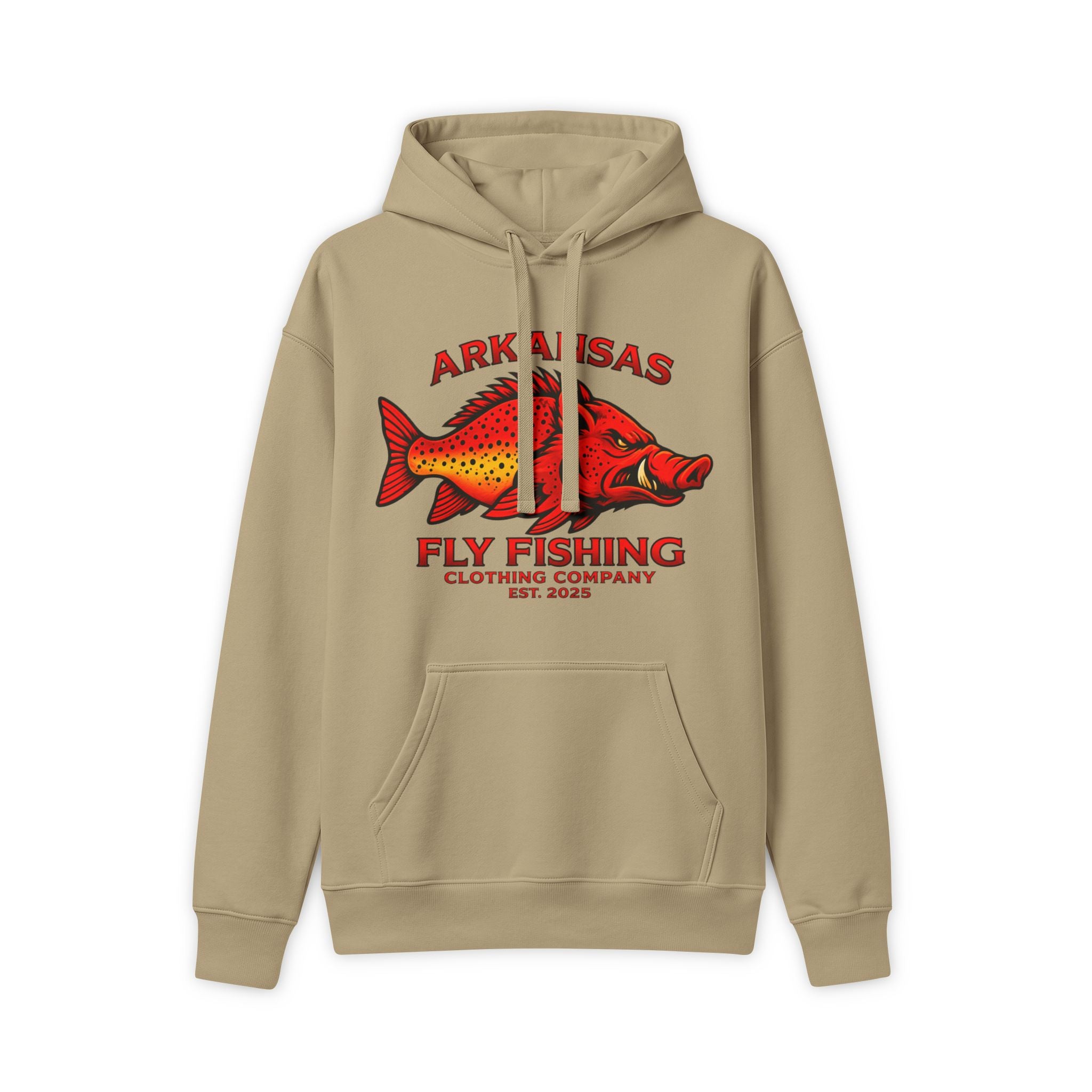 Arkansas Fly Fishing Clothing Company Premium Hooded Sweatshirt – Red Hog/Trout Graphic