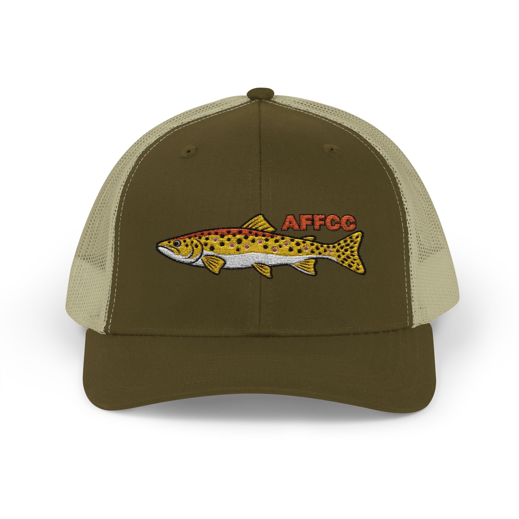 AFFCC Brown Trout Embroidered Trucker Hat – Embroidered Brown Trout ‘AFFCC’ Fishing Hat