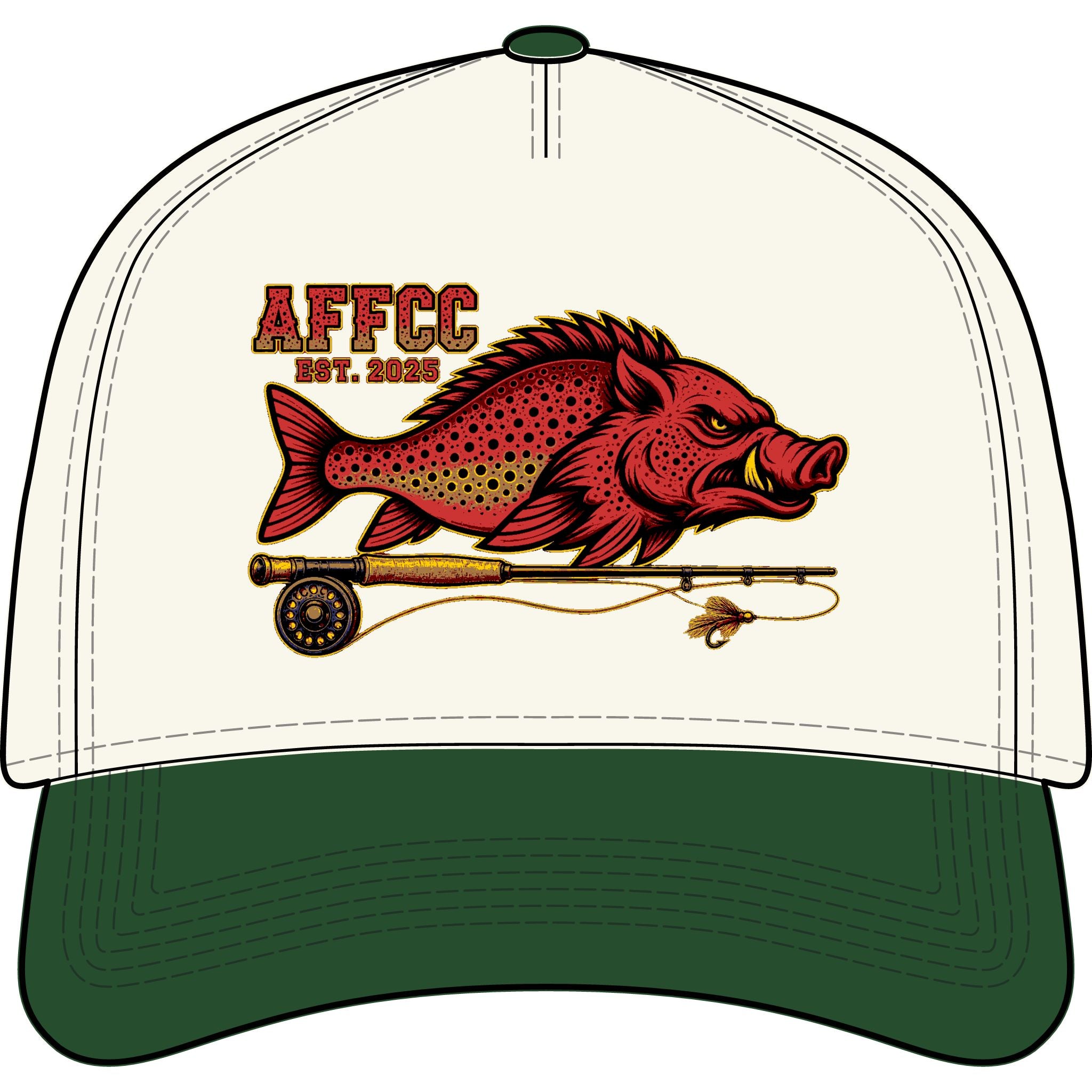 AFFCC Embroidered Est. 2025 Hog/Trout logo With fly Rod Fly-Fishing Two-Tone Curved Bill Hat