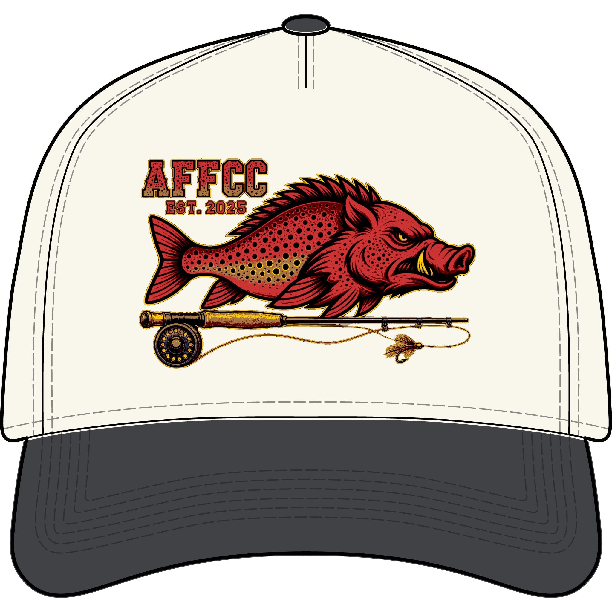AFFCC Embroidered Est. 2025 Hog/Trout logo With fly Rod Fly-Fishing Two-Tone Curved Bill Hat
