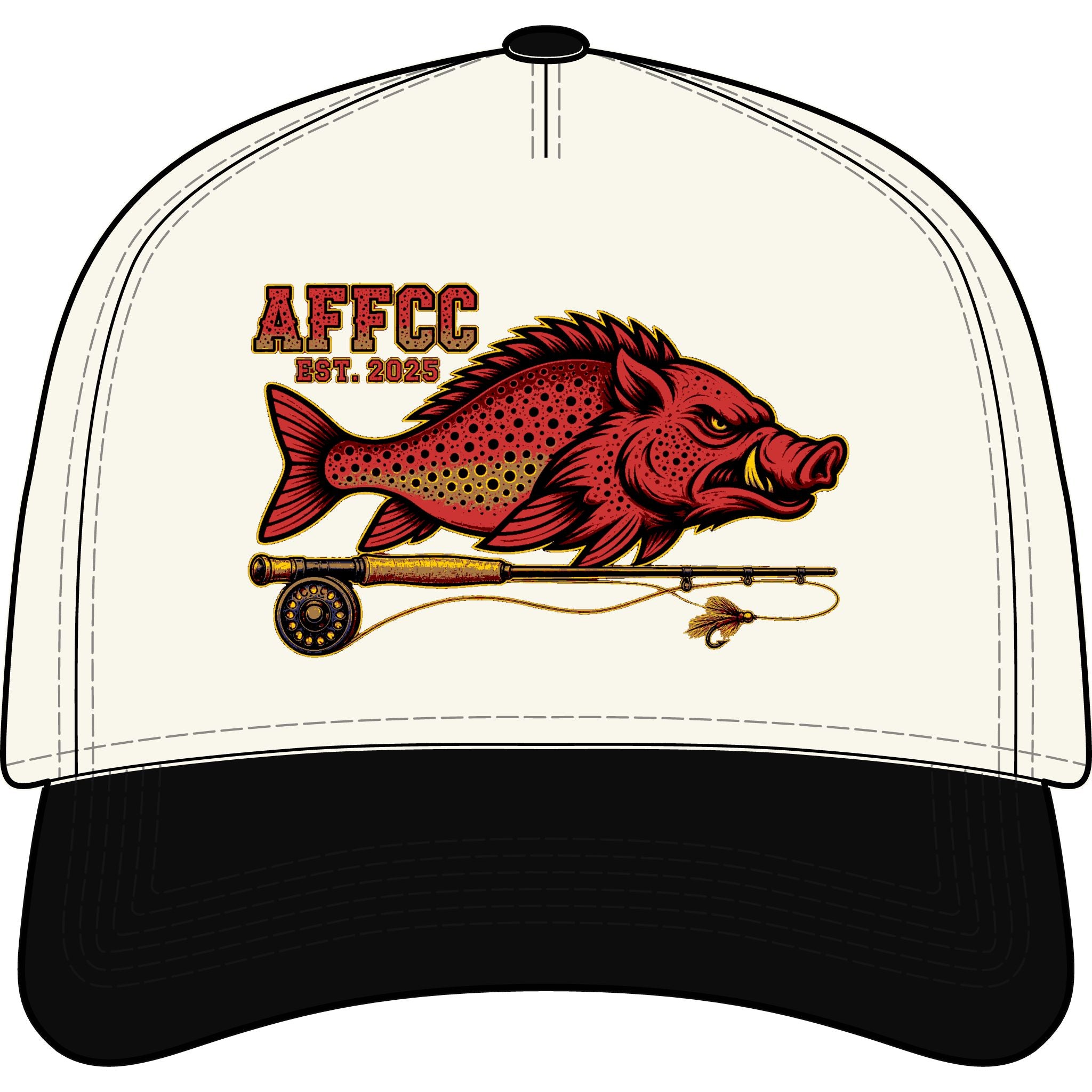 AFFCC Embroidered Est. 2025 Hog/Trout logo With fly Rod Fly-Fishing Two-Tone Curved Bill Hat