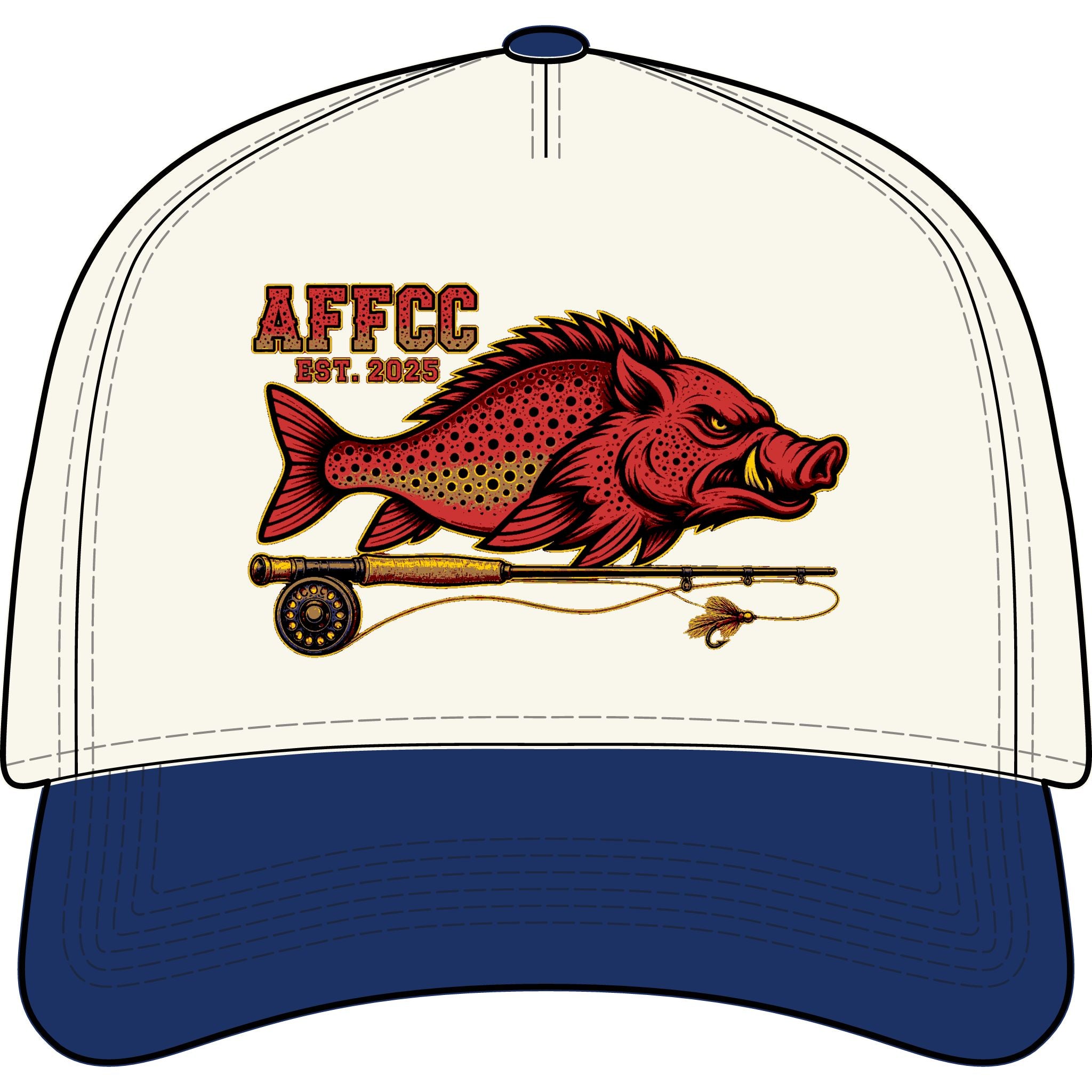 AFFCC Embroidered Est. 2025 Hog/Trout logo With fly Rod Fly-Fishing Two-Tone Curved Bill Hat