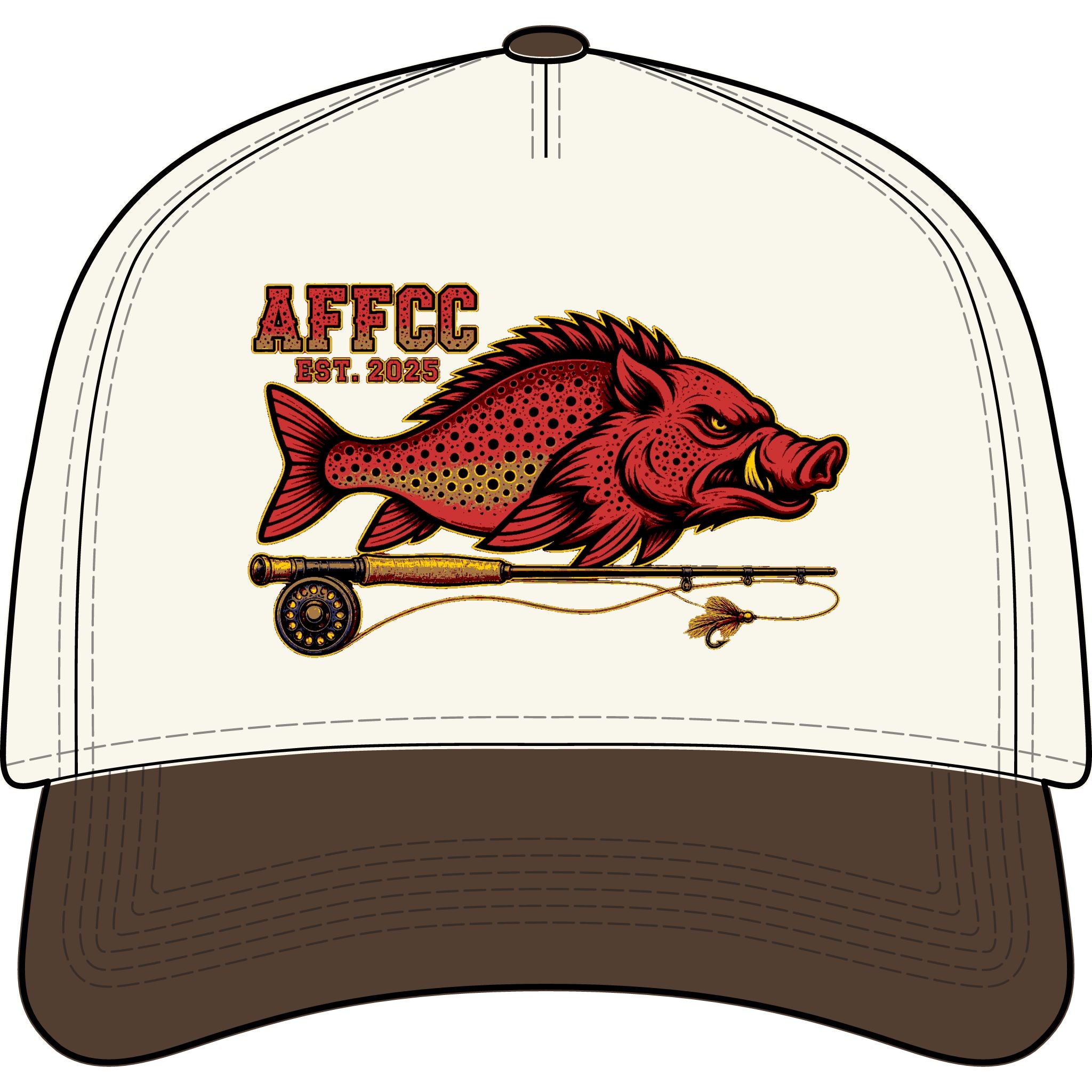 AFFCC Embroidered Est. 2025 Hog/Trout logo With fly Rod Fly-Fishing Two-Tone Curved Bill Hat