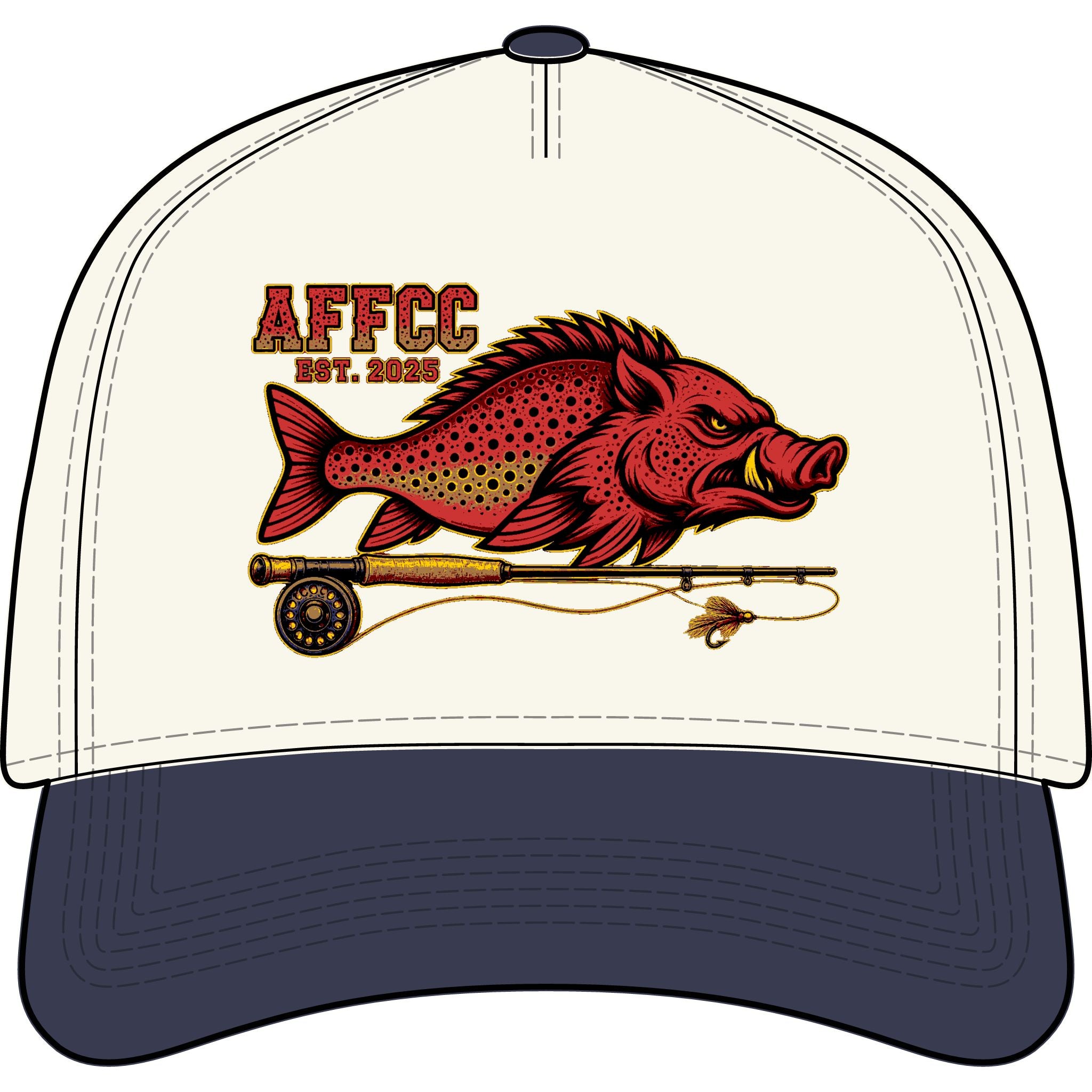 AFFCC Embroidered Est. 2025 Hog/Trout logo With fly Rod Fly-Fishing Two-Tone Curved Bill Hat