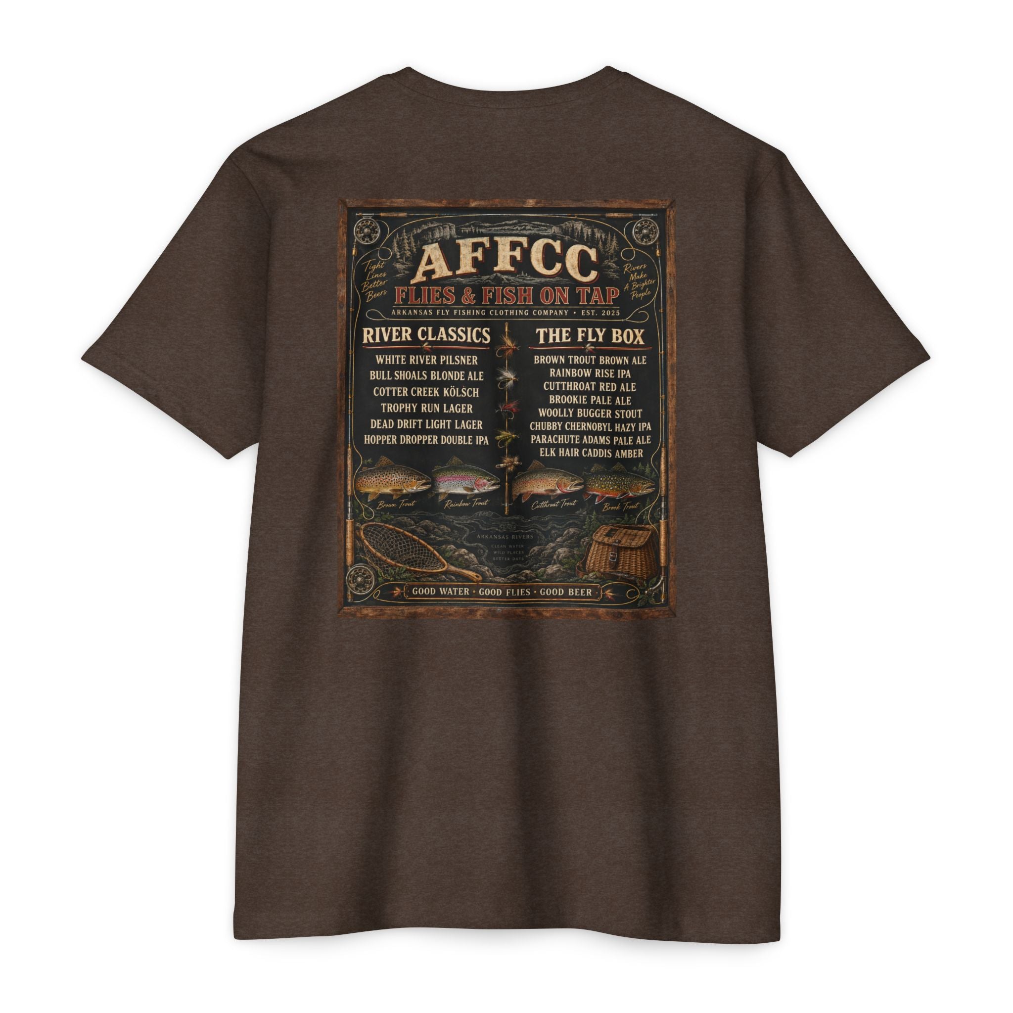 AFFCC Beer Menu Graphic T-Shirt — AFCCC 'Flies & Fish on Tap' Pocket & Back Print