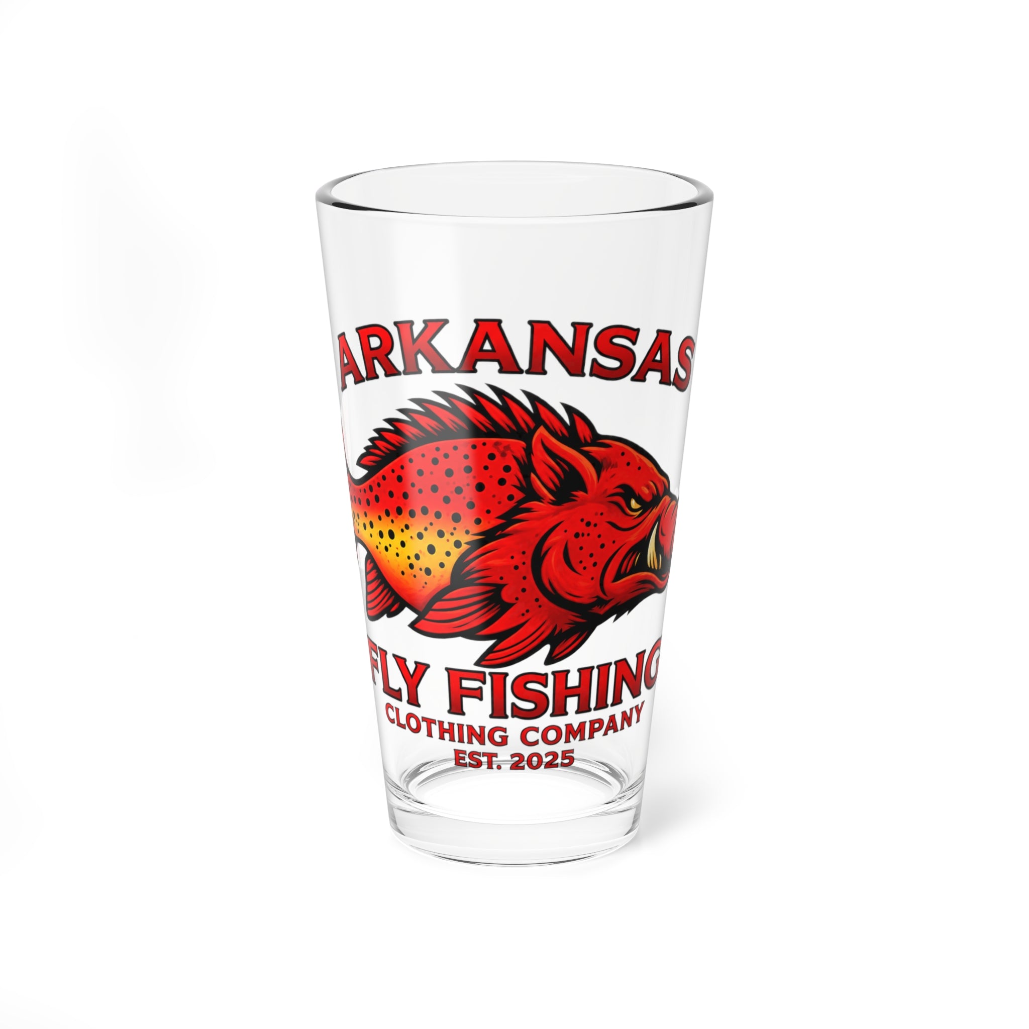 Arkansas Fly Fishing Clothing Co. Logo 16oz Mixing Glass — Trout Logo Pint Glass