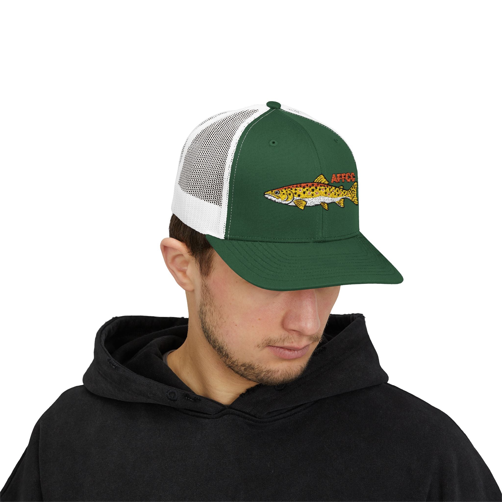 AFFCC Brown Trout Embroidered Trucker Hat – Embroidered Brown Trout ‘AFFCC’ Fishing Hat