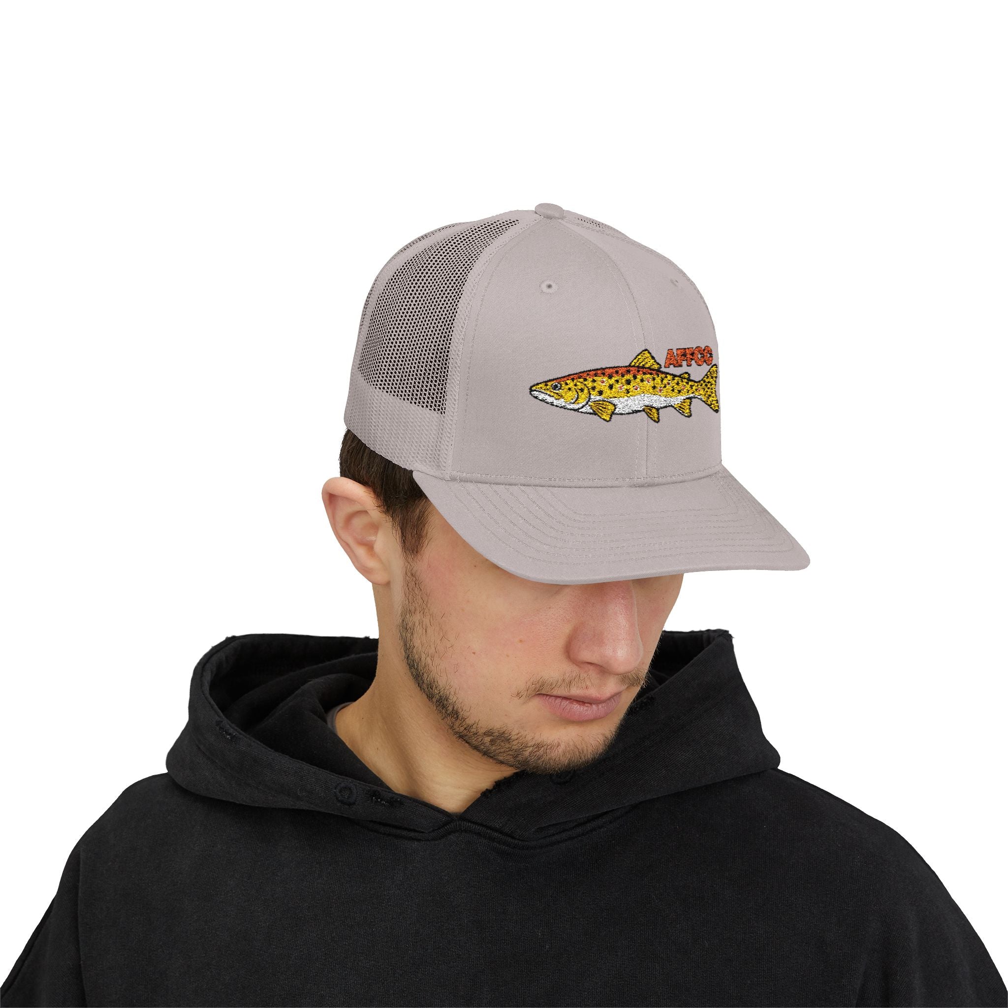 AFFCC Brown Trout Embroidered Trucker Hat – Embroidered Brown Trout ‘AFFCC’ Fishing Hat