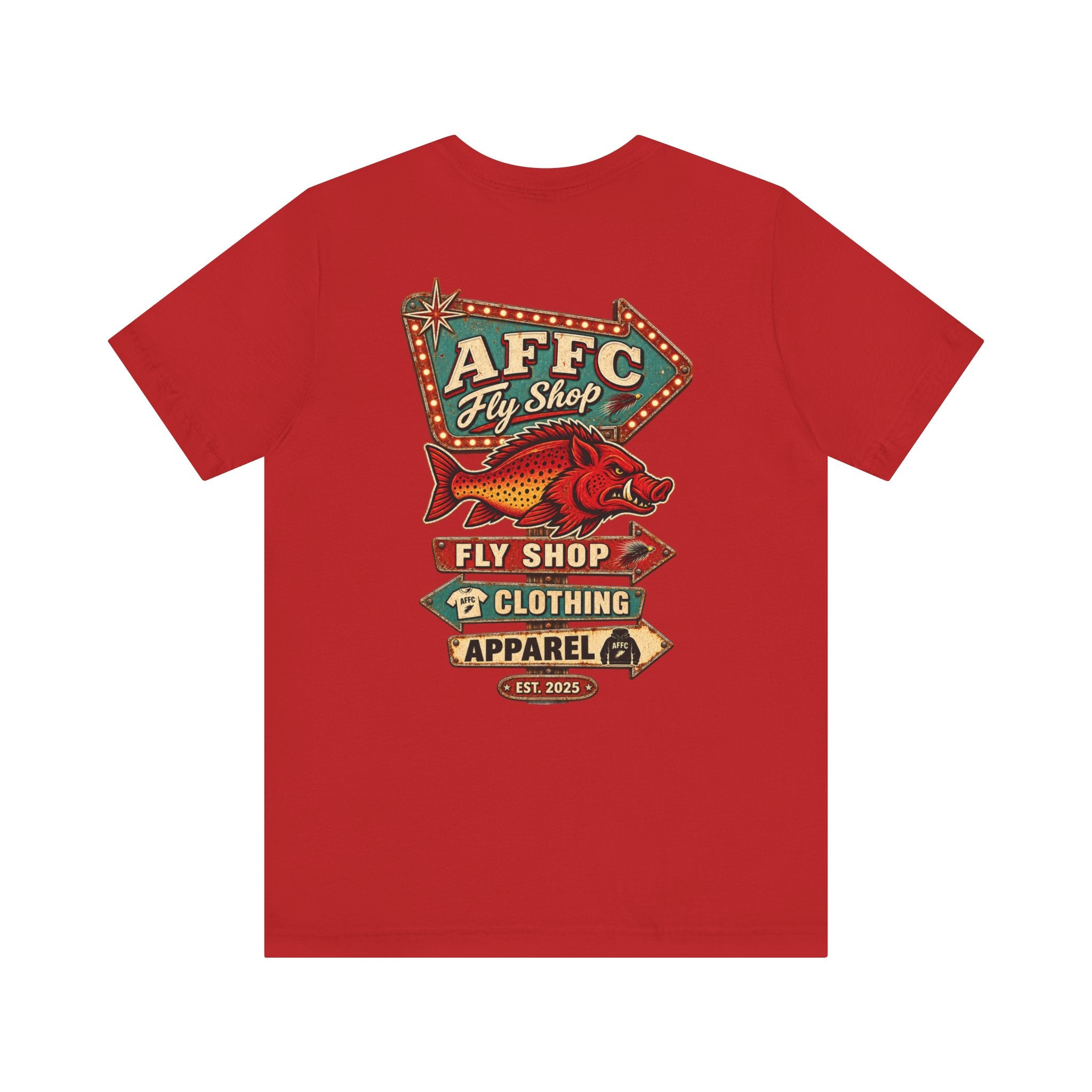 Athletic Fit Runs Small AFFCC Fly Shop T-Shirt — Retro Fish Sign Graphic Tee (AFFC Fly Shop)