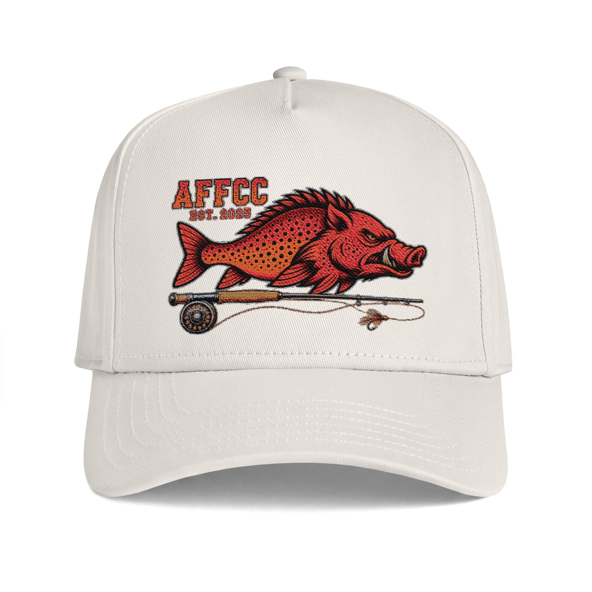AFFCC Embroidered Hog/Trout With Fly Rod Curved Bill Hat  — AFCC Logo Adjustable Trucker Hat