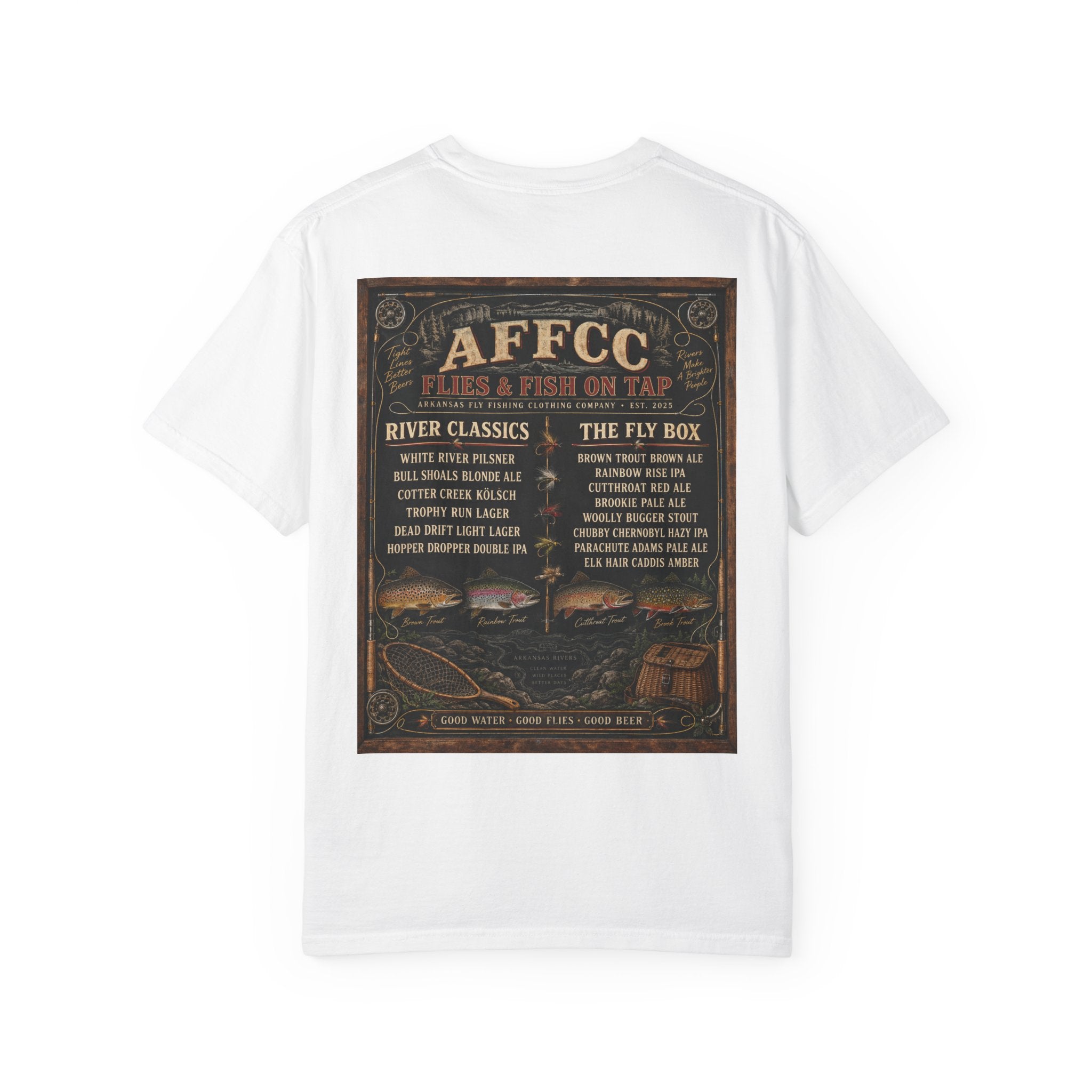 AFFCC Beer Menu Fly Fishing T‑Shirt — AFCC River Classics Vintage Patch Design