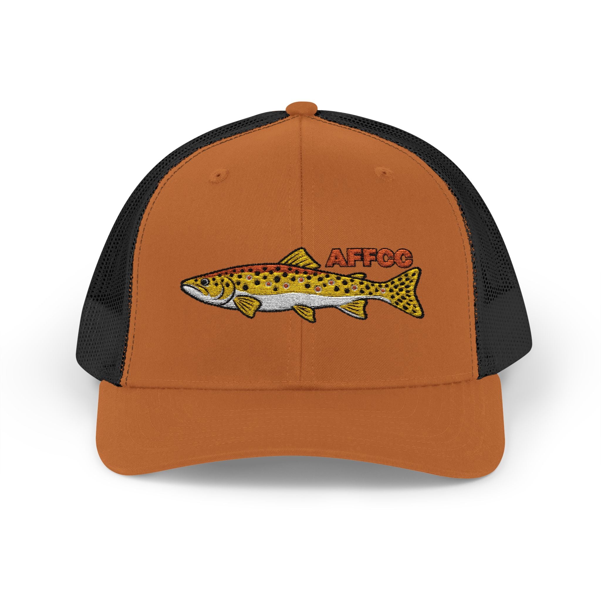 AFFCC Brown Trout Embroidered Trucker Hat – Embroidered Brown Trout ‘AFFCC’ Fishing Hat