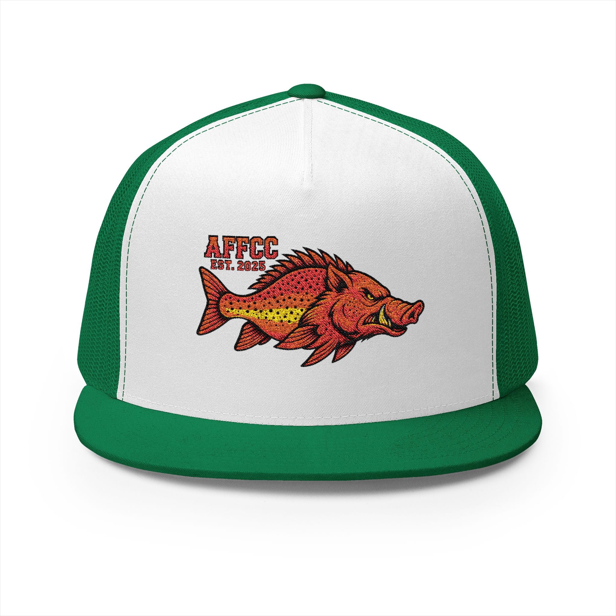 AFFCC Embroidered Hog/Trout Flat Bill Trucker Cap – Hot/Trout Logo Graphic Hat