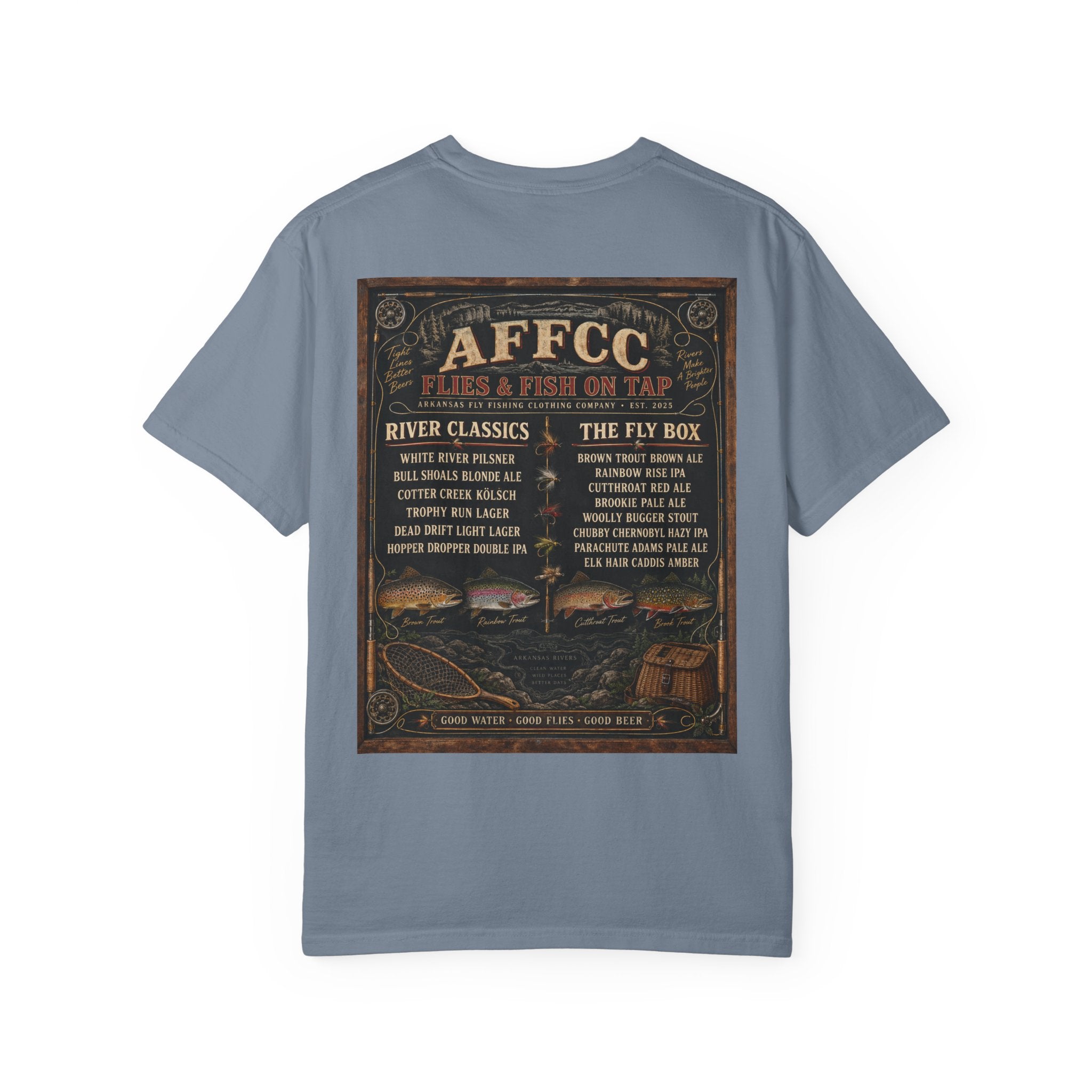 AFFCC Beer Menu Fly Fishing T‑Shirt — AFCC River Classics Vintage Patch Design