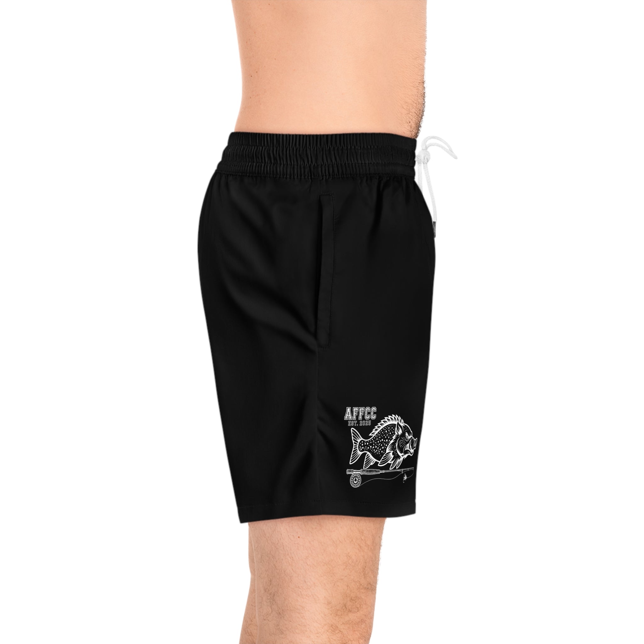 Men's Black Swim Shorts with 'AFTCC' Fishing Marlin Graphic