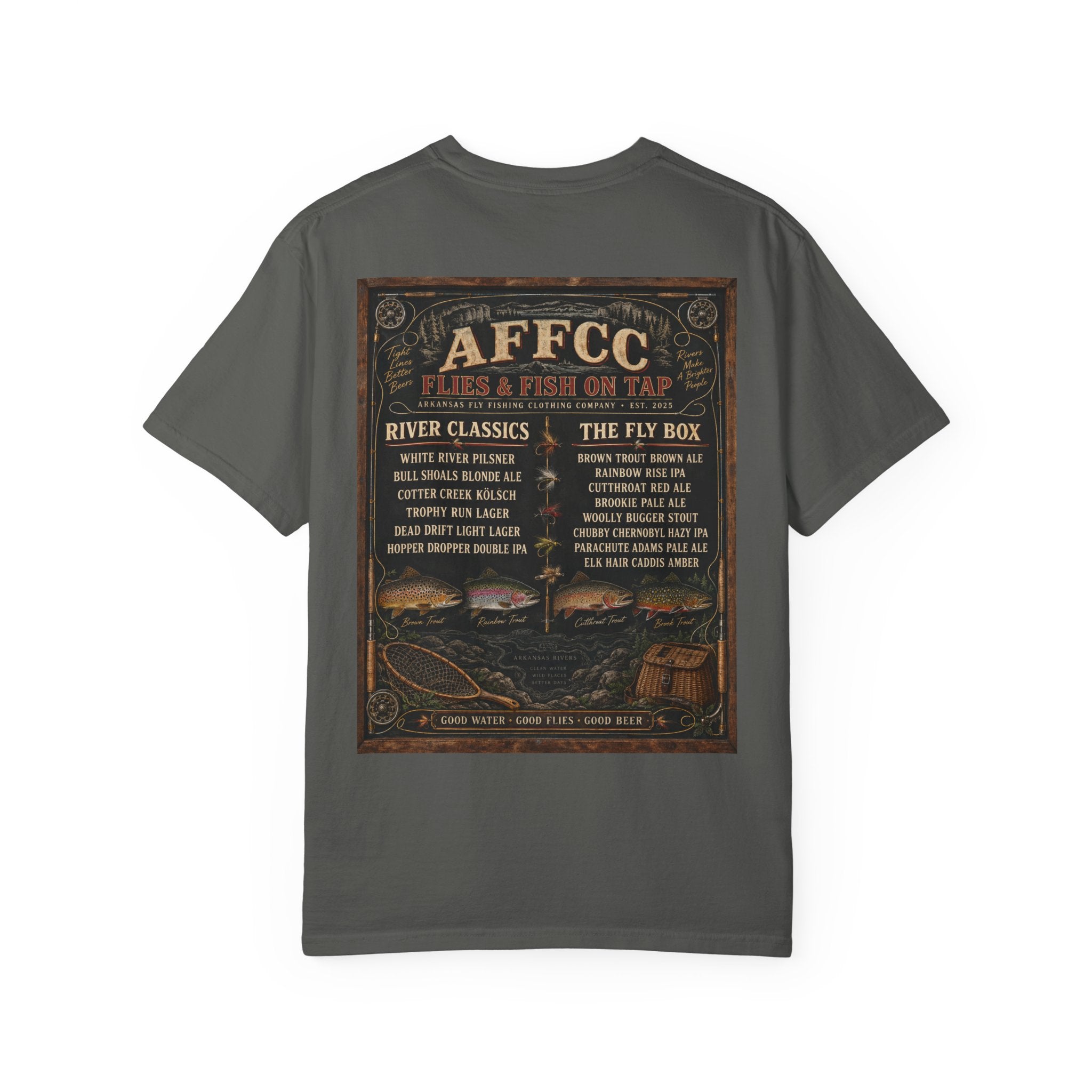 AFFCC Beer Menu Fly Fishing T‑Shirt — AFCC River Classics Vintage Patch Design
