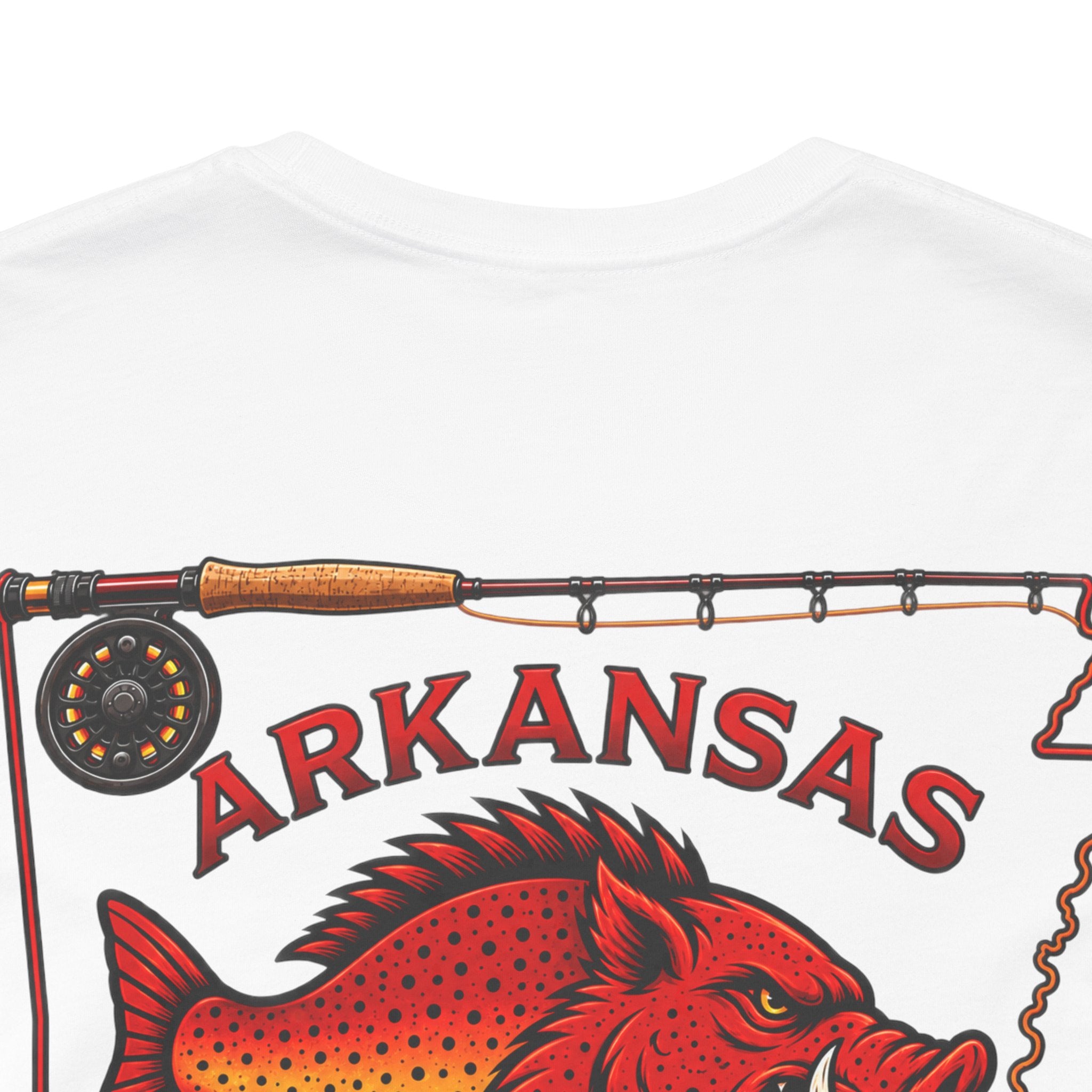 Athletic fit Runs Small Arkansas Fly Fishing Clothing Co. State outline Tee — Redfish State Map Pocket & Back Graphic