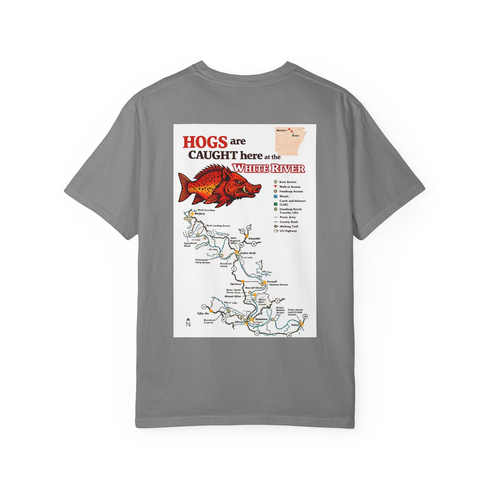 AFFCC White River Fishing Map T-Shirt — “Hogs Are Caught Here” Arkansas White River Trout Map