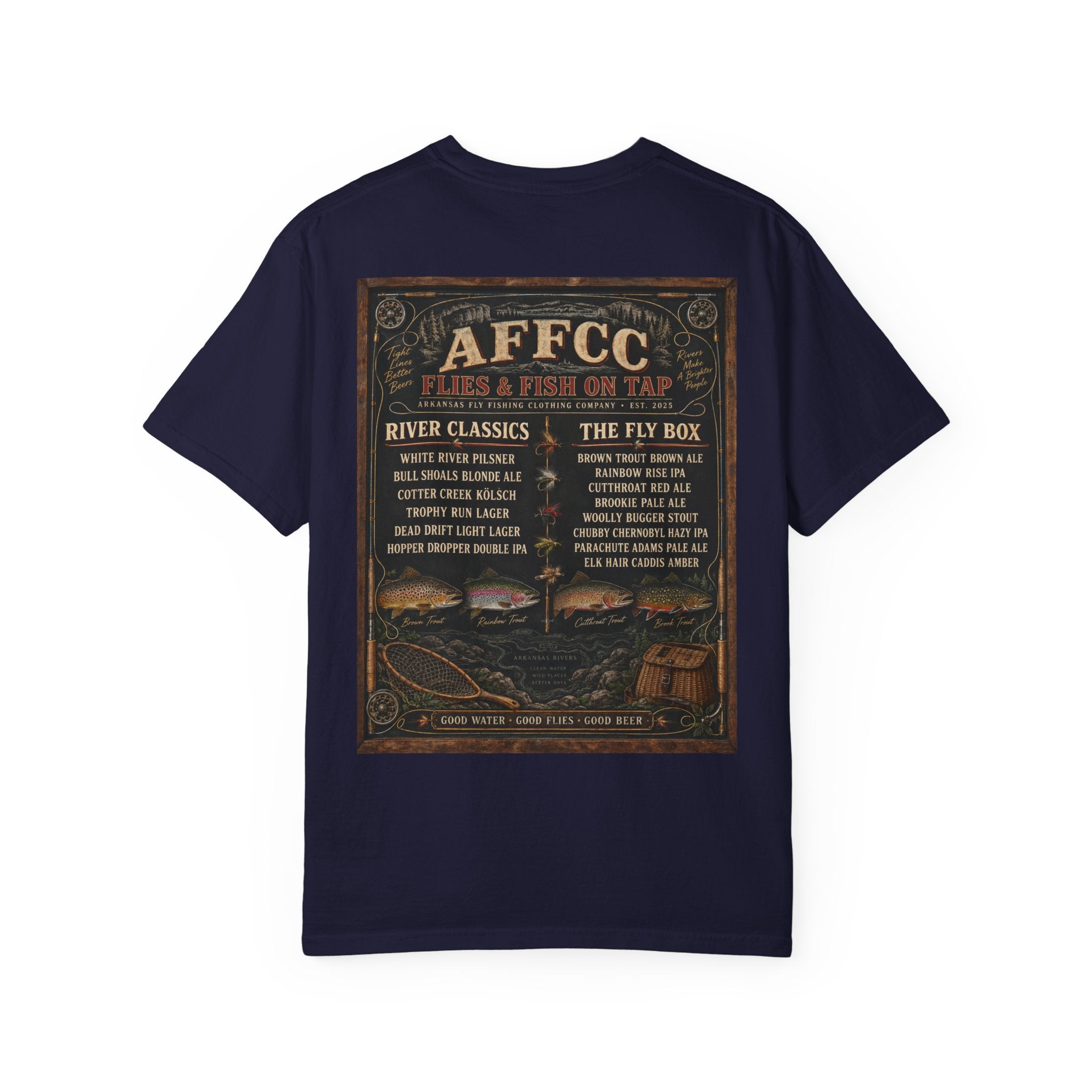 AFFCC Beer Menu Fly Fishing T‑Shirt — AFCC River Classics Vintage Patch Design