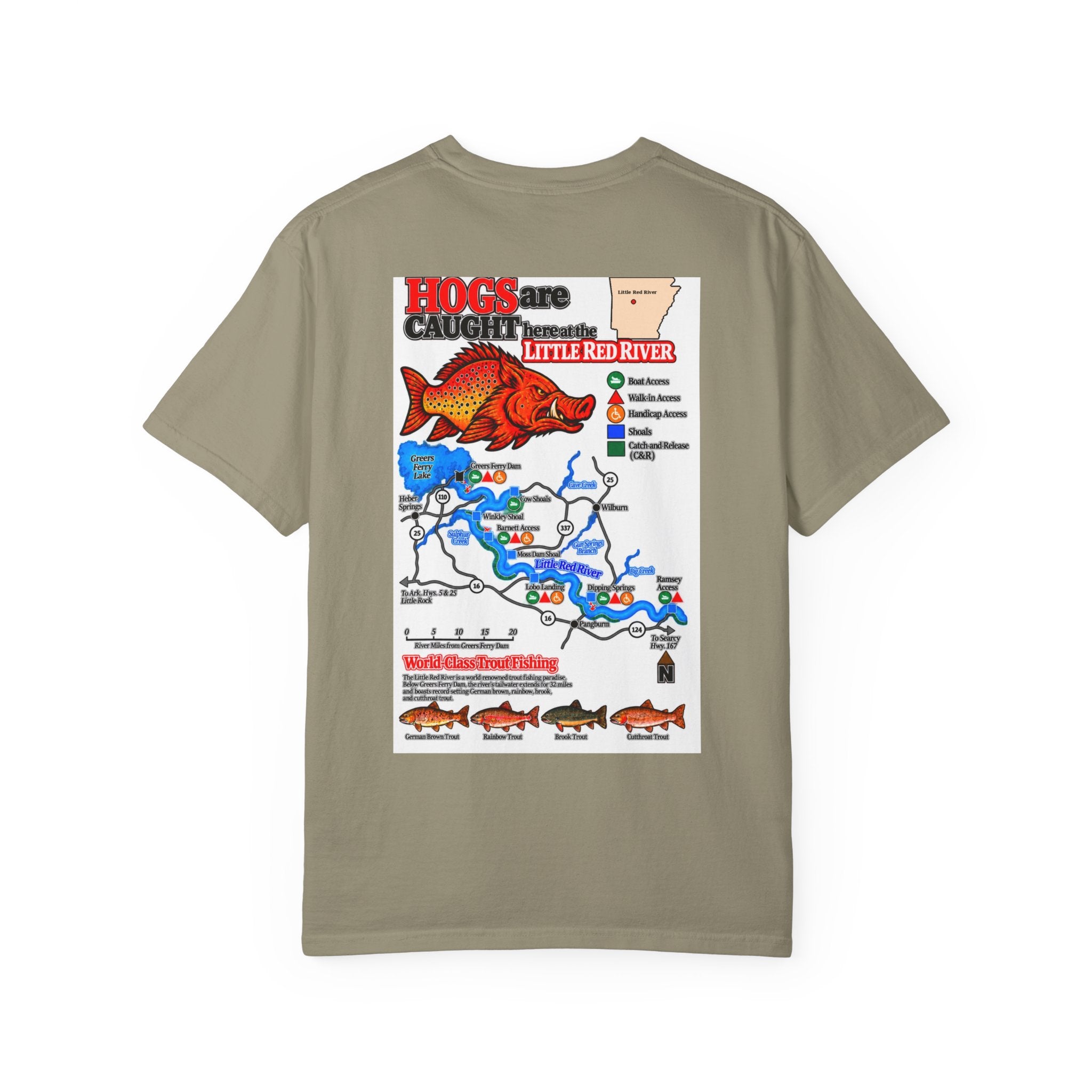 AFFCC Little Red River Arkansas Trout Map T-Shirt — 'Hogs Live Here' Fishing Guide Tee