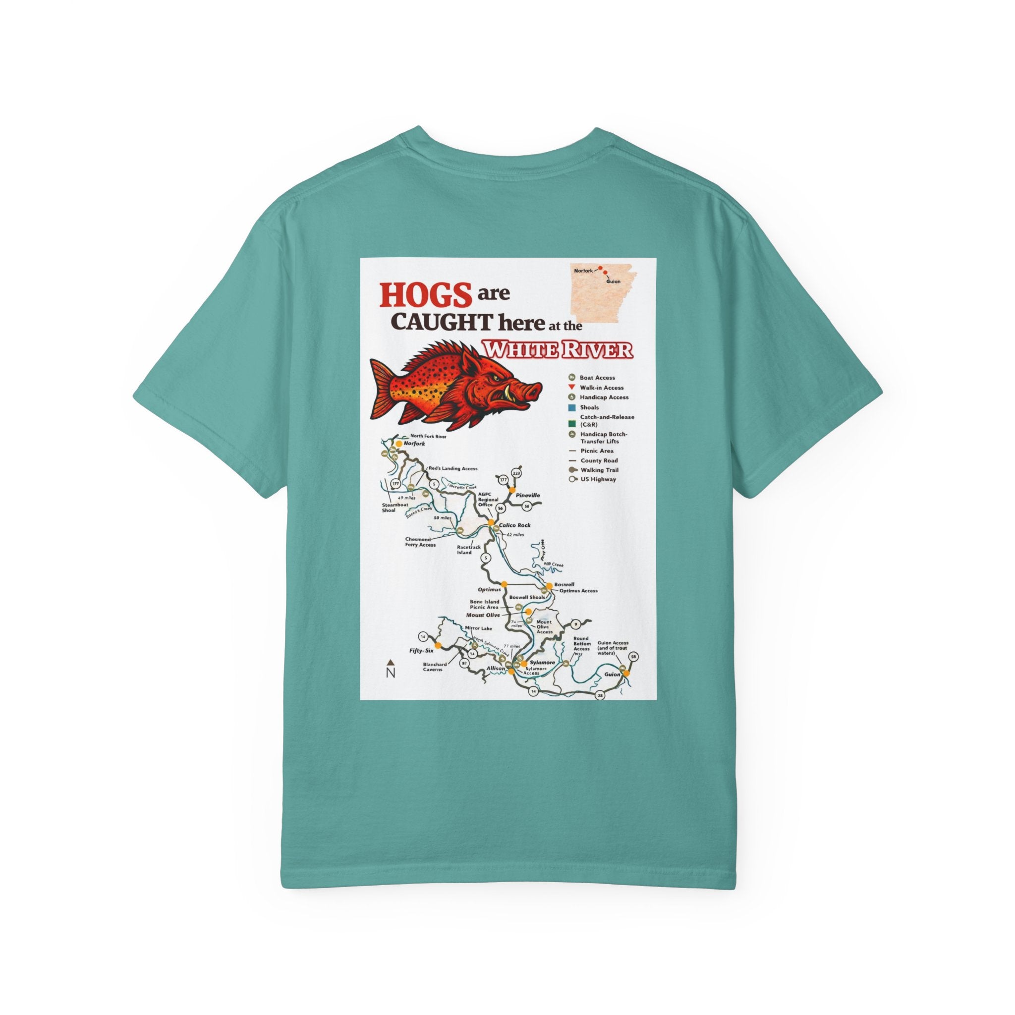 AFFCC White River Fishing Map T-Shirt — “Hogs Are Caught Here” Arkansas White River Trout Map