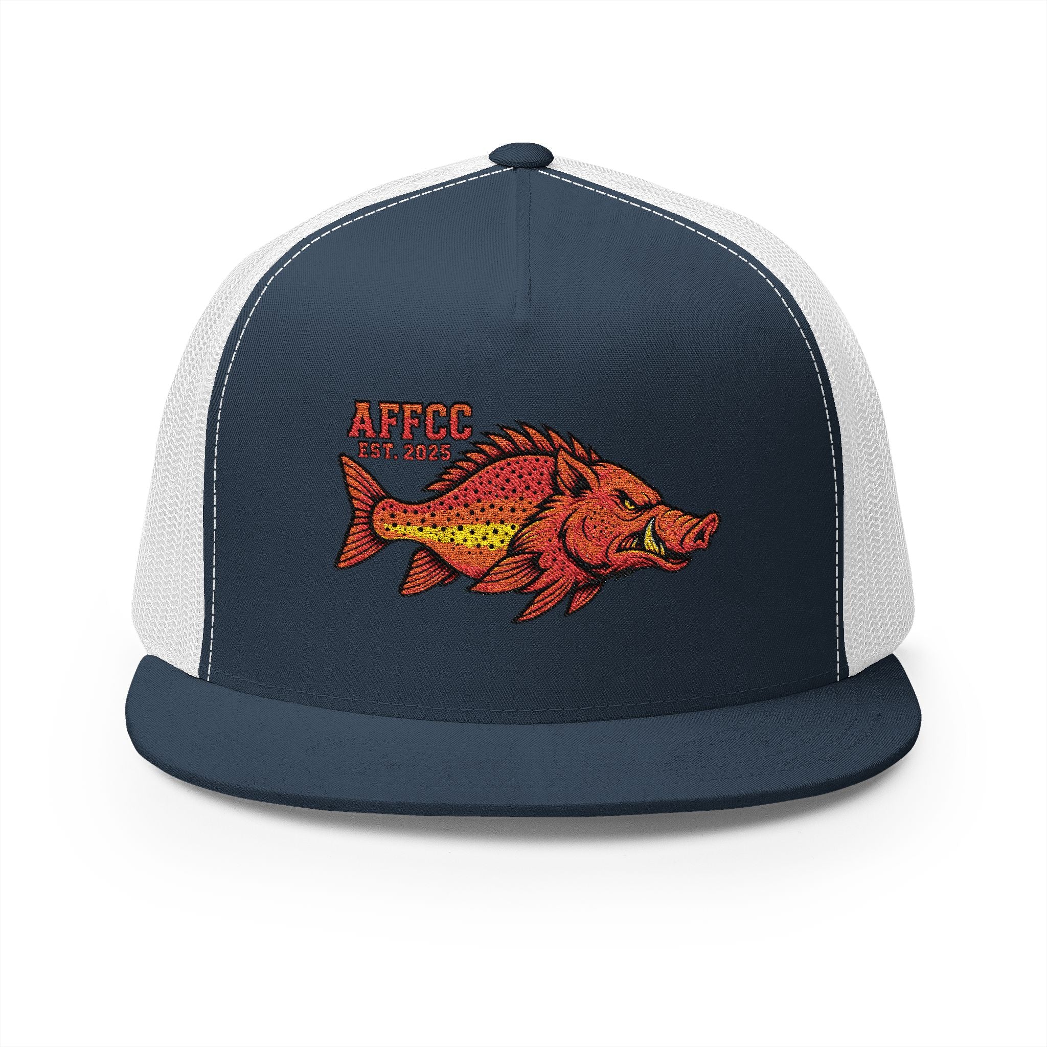 AFFCC Embroidered Hog/Trout Flat Bill Trucker Cap – Hot/Trout Logo Graphic Hat