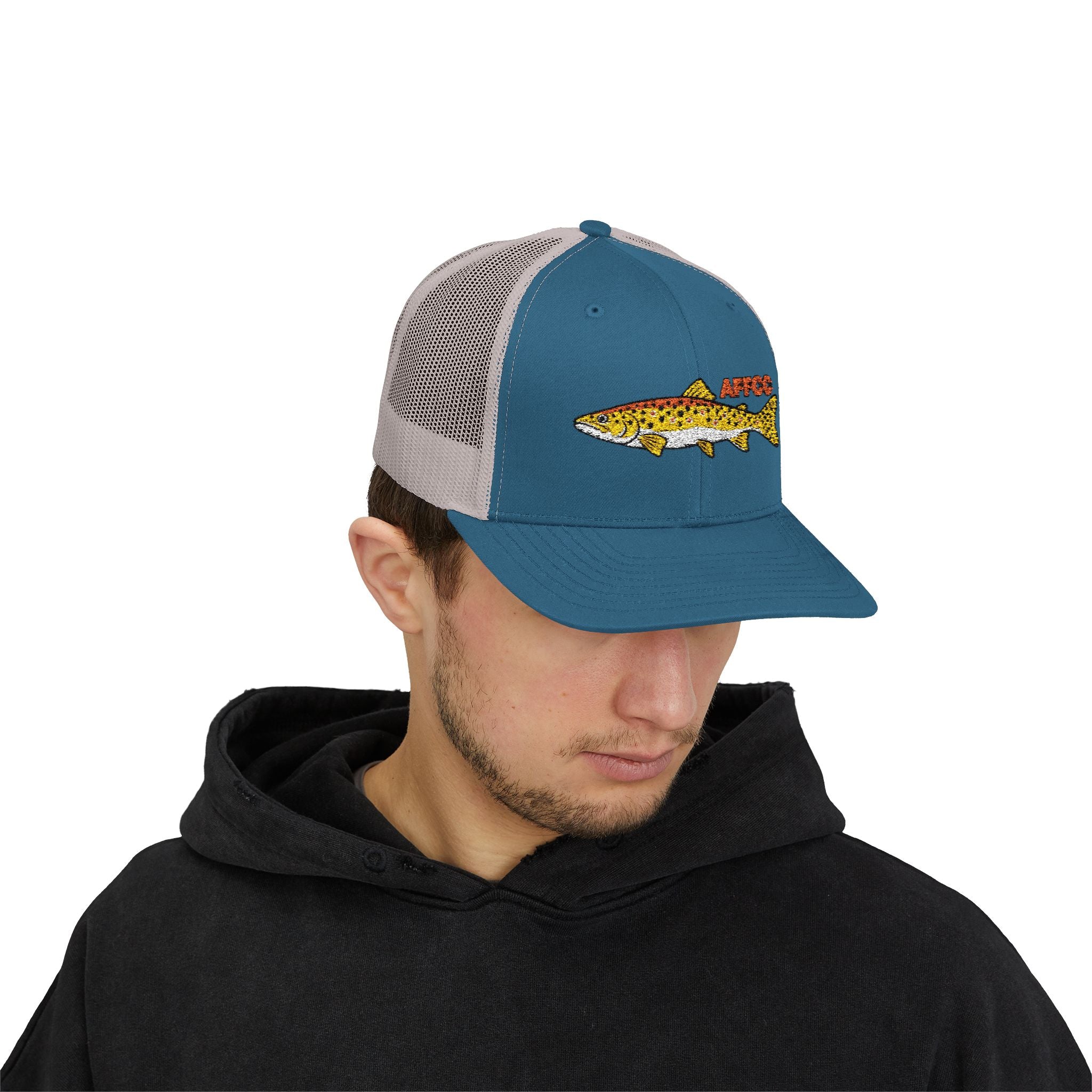 AFFCC Brown Trout Embroidered Trucker Hat – Embroidered Brown Trout ‘AFFCC’ Fishing Hat