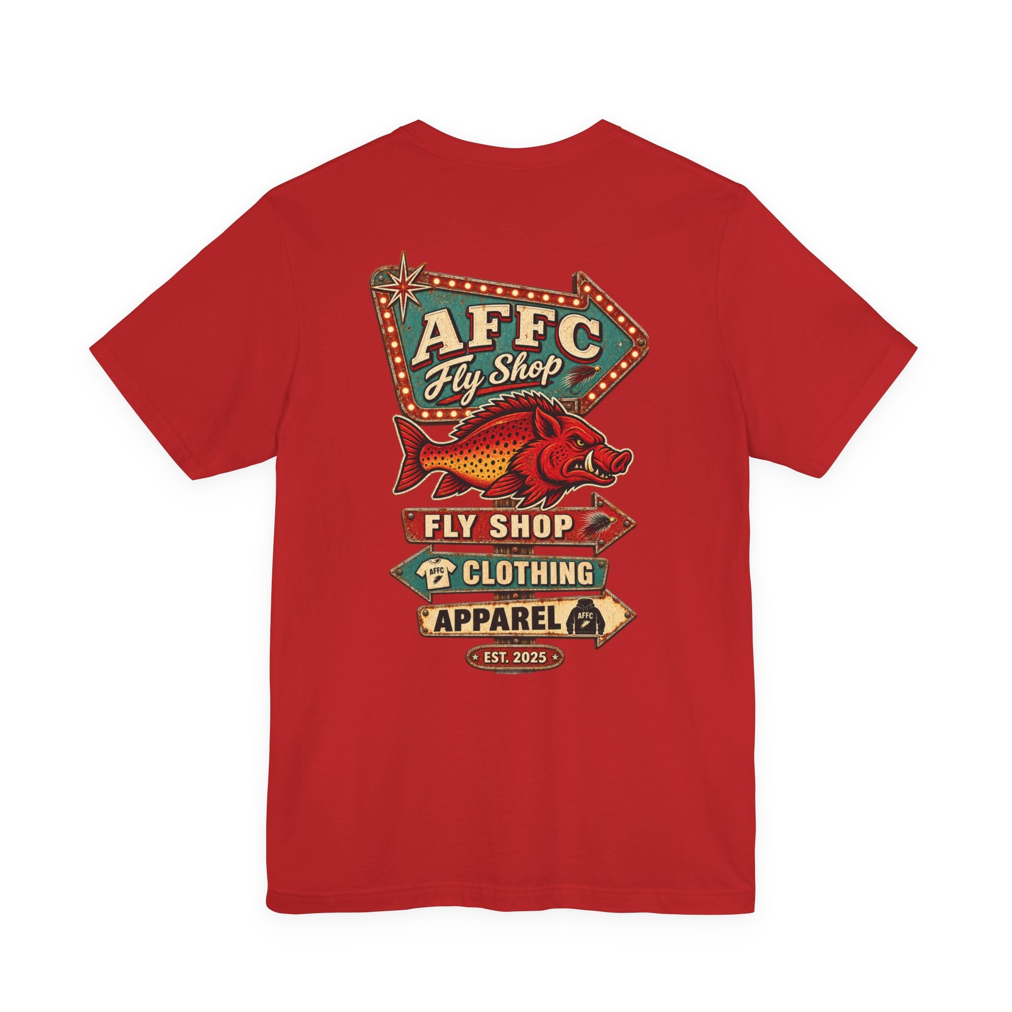 Athletic Fit Runs Small AFFCC Fly Shop T-Shirt — Retro Fish Sign Graphic Tee (AFFC Fly Shop)