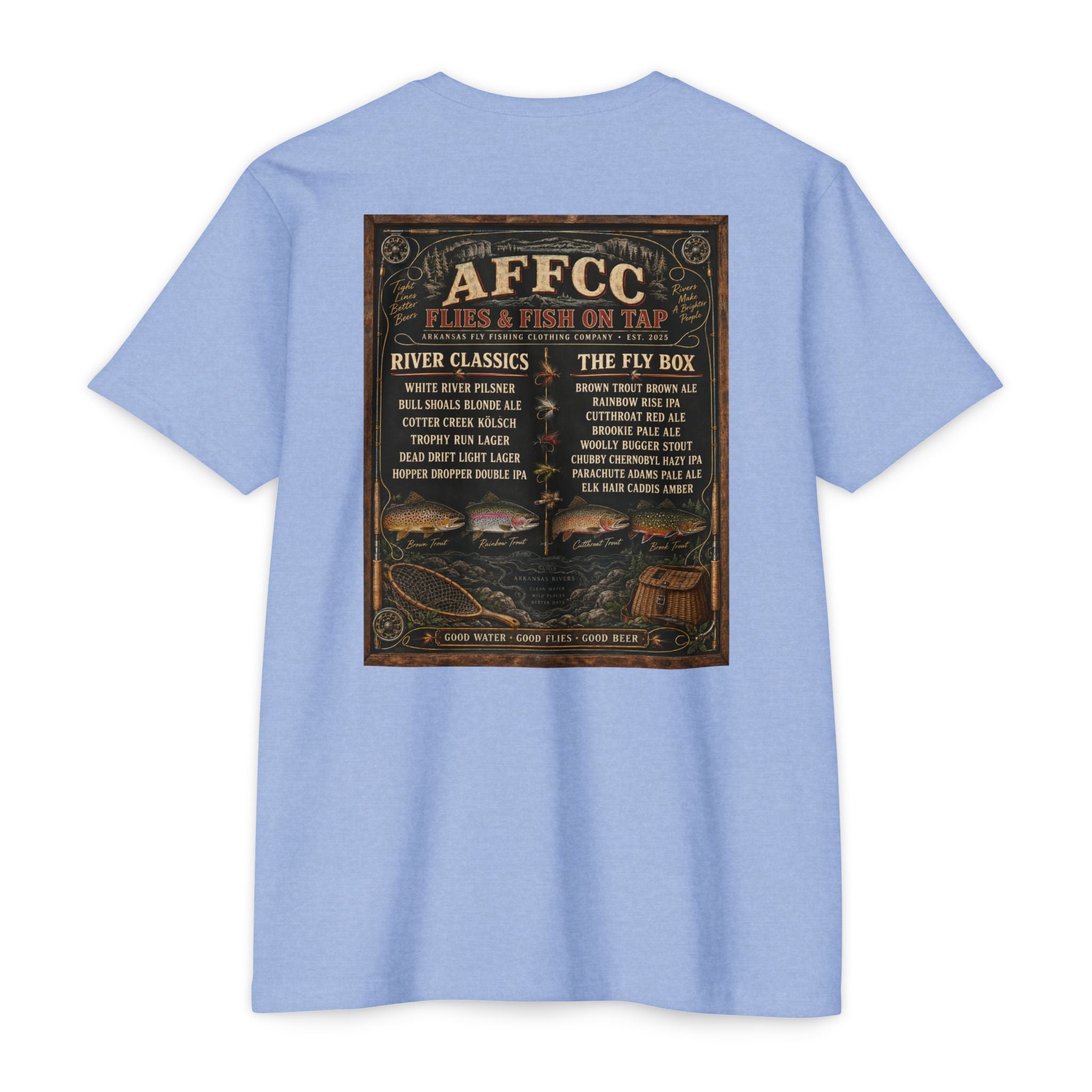 AFFCC Beer Menu Graphic T-Shirt — AFCCC 'Flies & Fish on Tap' Pocket & Back Print