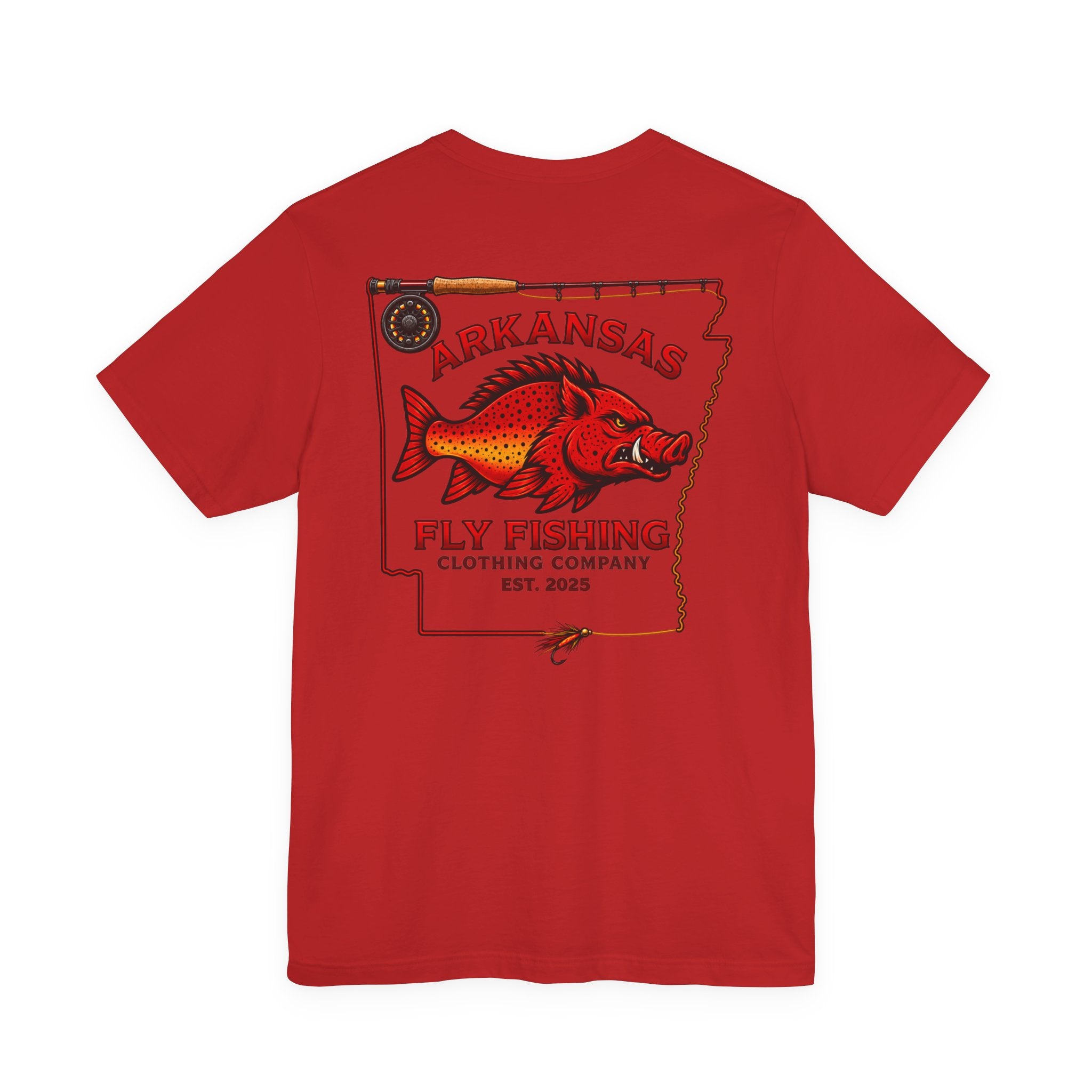 Athletic fit Runs Small Arkansas Fly Fishing Clothing Co. State outline Tee — Redfish State Map Pocket & Back Graphic
