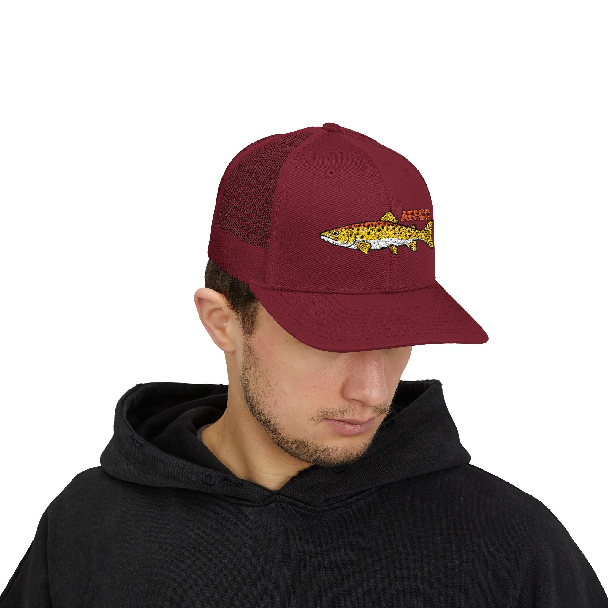 AFFCC Brown Trout Embroidered Trucker Hat – Embroidered Brown Trout ‘AFFCC’ Fishing Hat