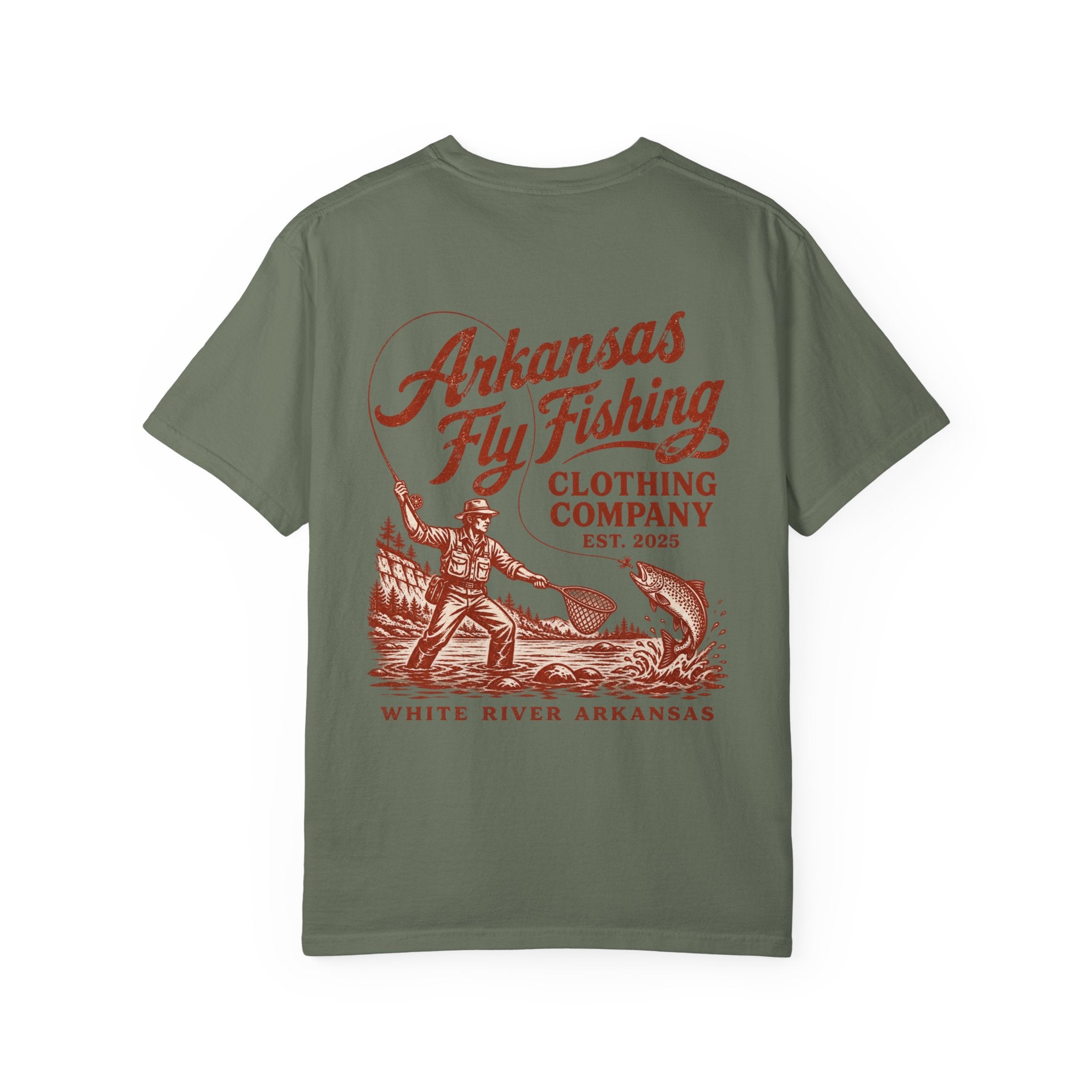 AFFC Arkansas Fly Fishing Hog/Trout Patch T-Shirt | Small Chest Graphic Large Back Graphic