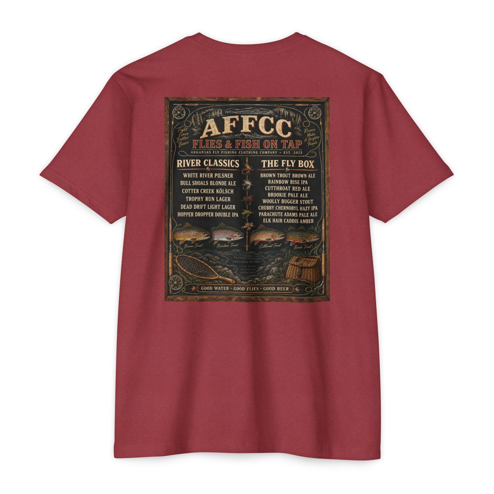 AFFCC Beer Menu Graphic T-Shirt — AFCCC 'Flies & Fish on Tap' Pocket & Back Print