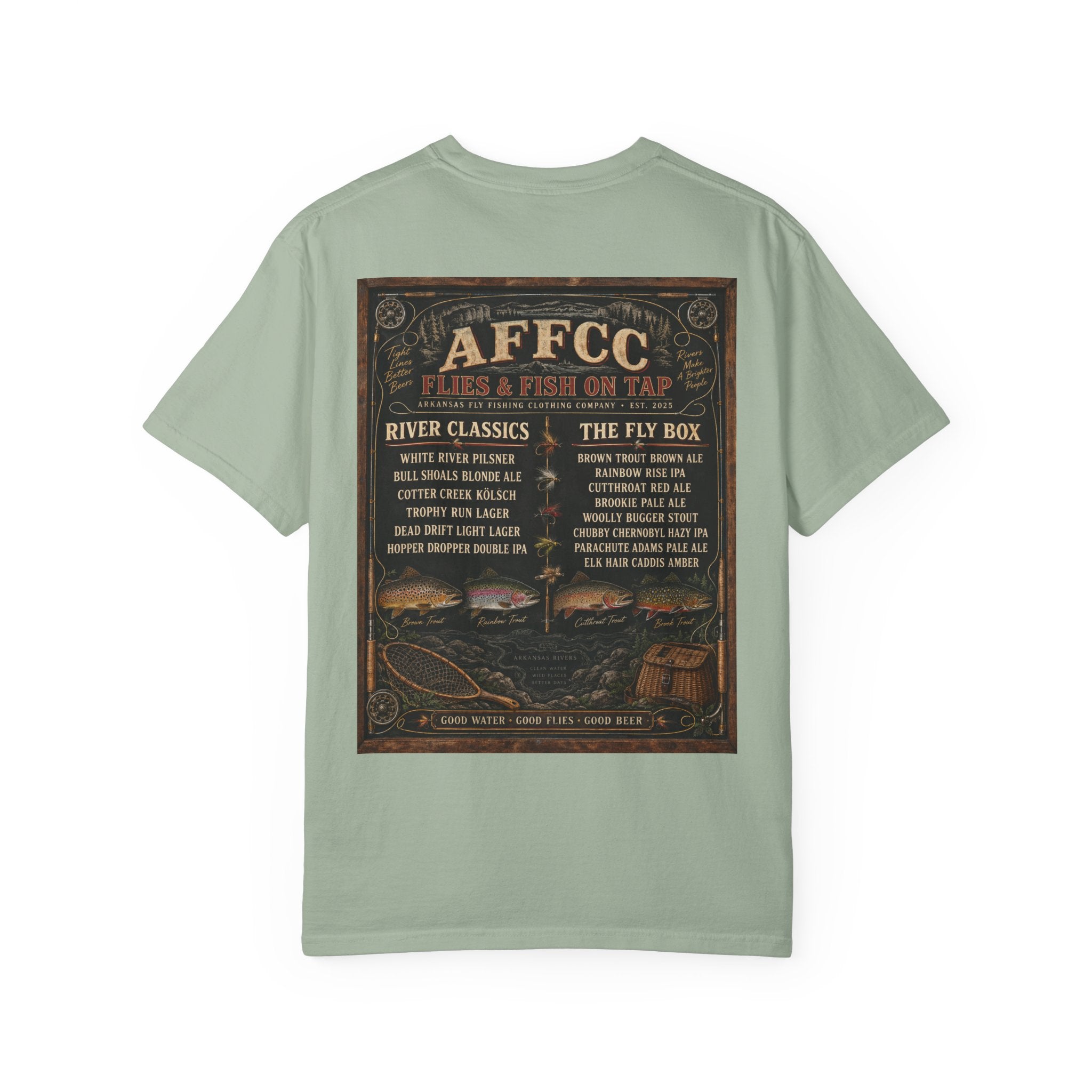 AFFCC Beer Menu Fly Fishing T‑Shirt — AFCC River Classics Vintage Patch Design
