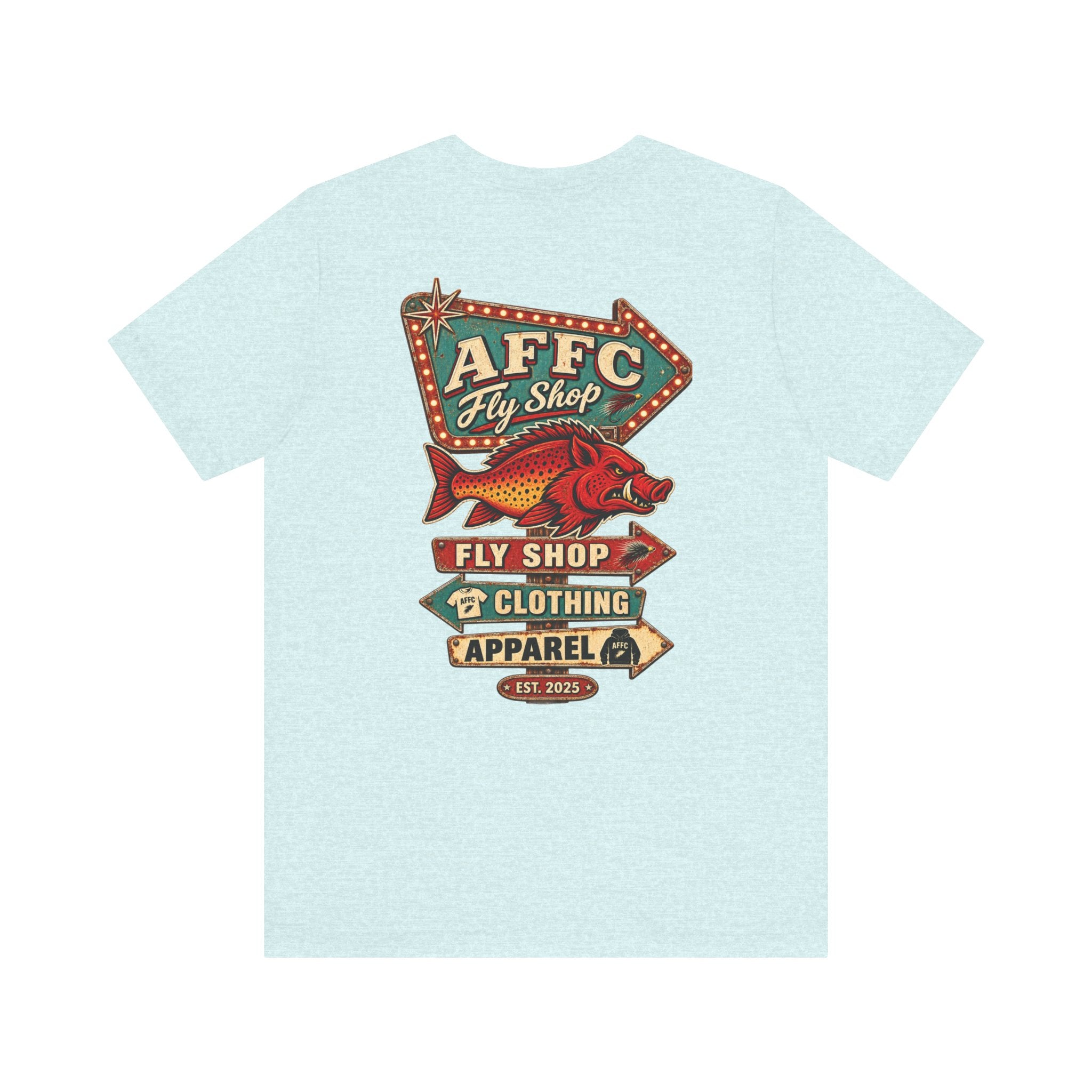 Athletic Fit Runs Small AFFCC Fly Shop T-Shirt — Retro Fish Sign Graphic Tee (AFFC Fly Shop)