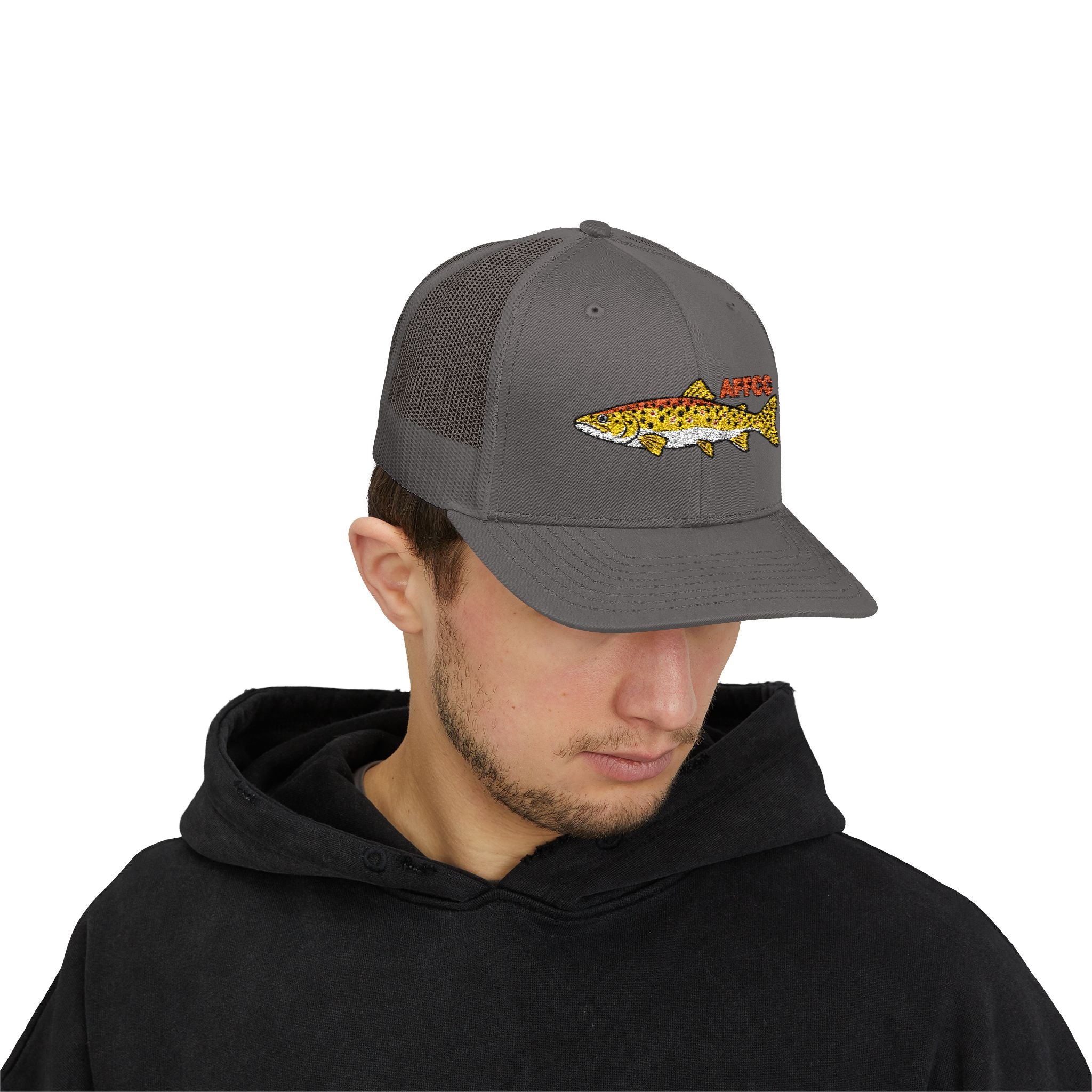 AFFCC Brown Trout Embroidered Trucker Hat – Embroidered Brown Trout ‘AFFCC’ Fishing Hat