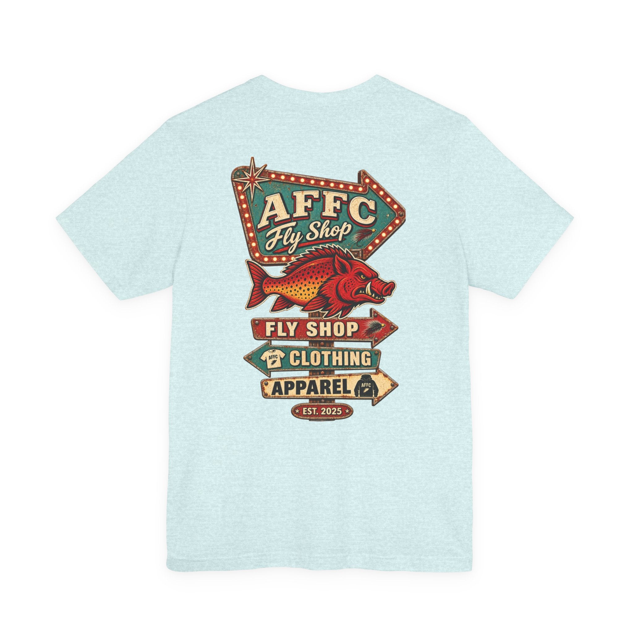 Athletic Fit Runs Small AFFCC Fly Shop T-Shirt — Retro Fish Sign Graphic Tee (AFFC Fly Shop)