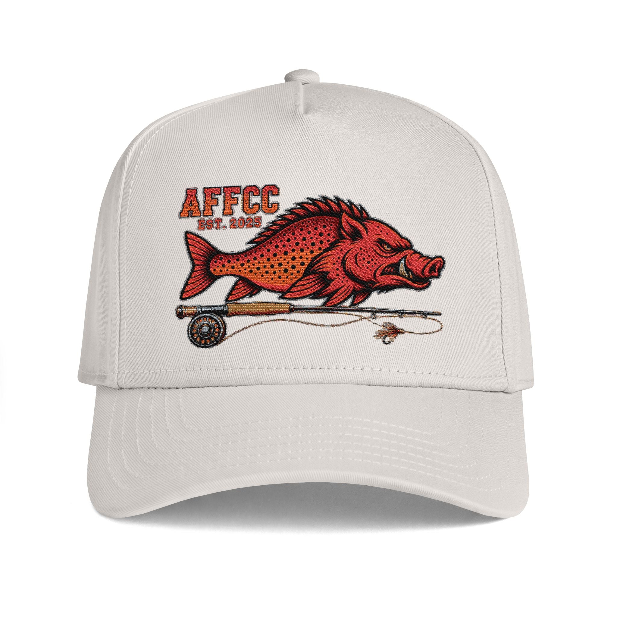 AFFCC Embroidered Hog/Trout With Fly Rod Curved Bill Hat  — AFCC Logo Adjustable Trucker Hat