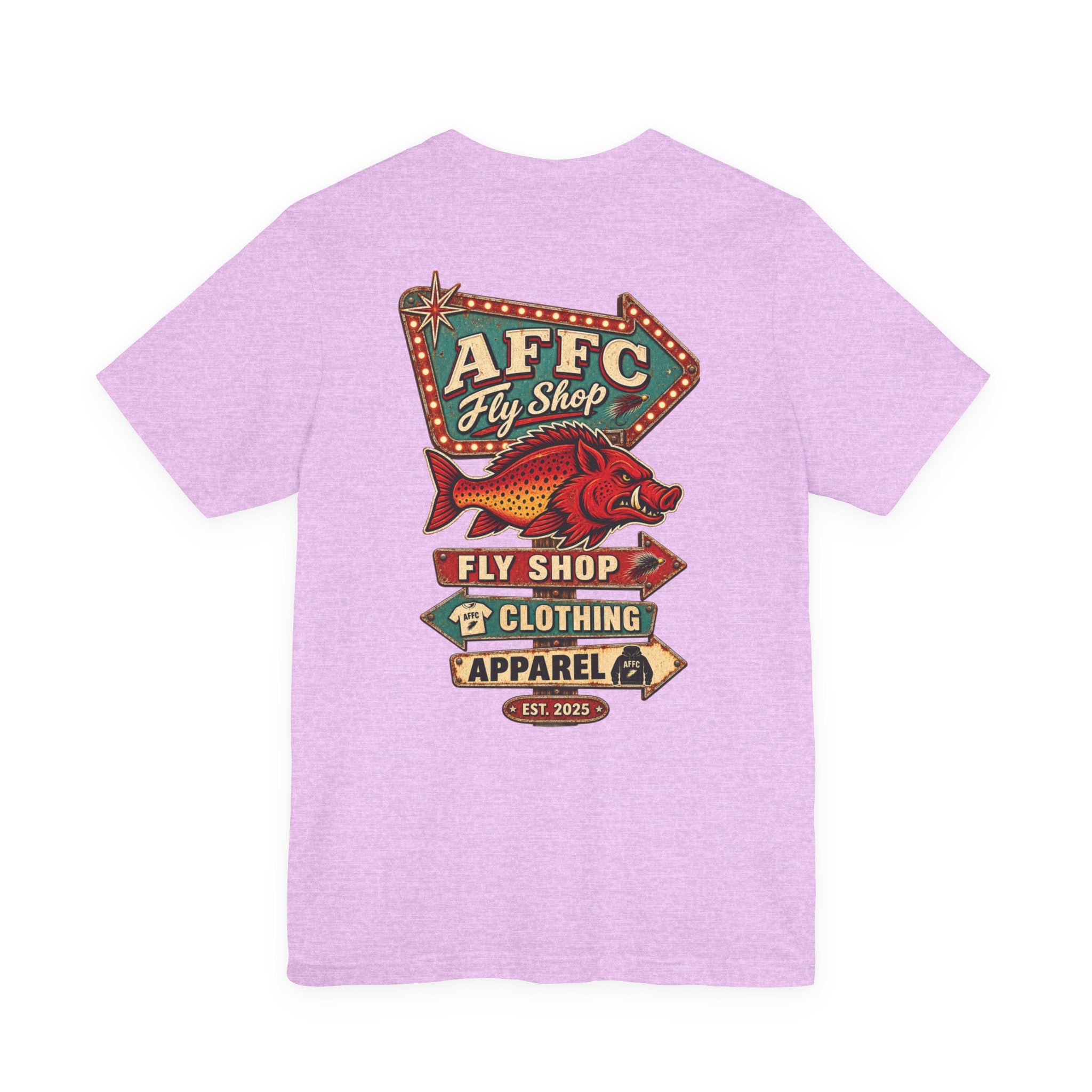 Athletic Fit Runs Small AFFCC Fly Shop T-Shirt — Retro Fish Sign Graphic Tee (AFFC Fly Shop)