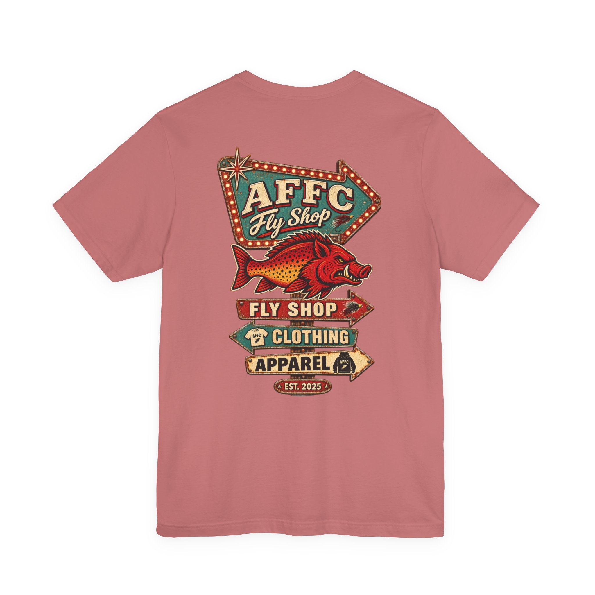 Athletic Fit Runs Small AFFCC Fly Shop T-Shirt — Retro Fish Sign Graphic Tee (AFFC Fly Shop)