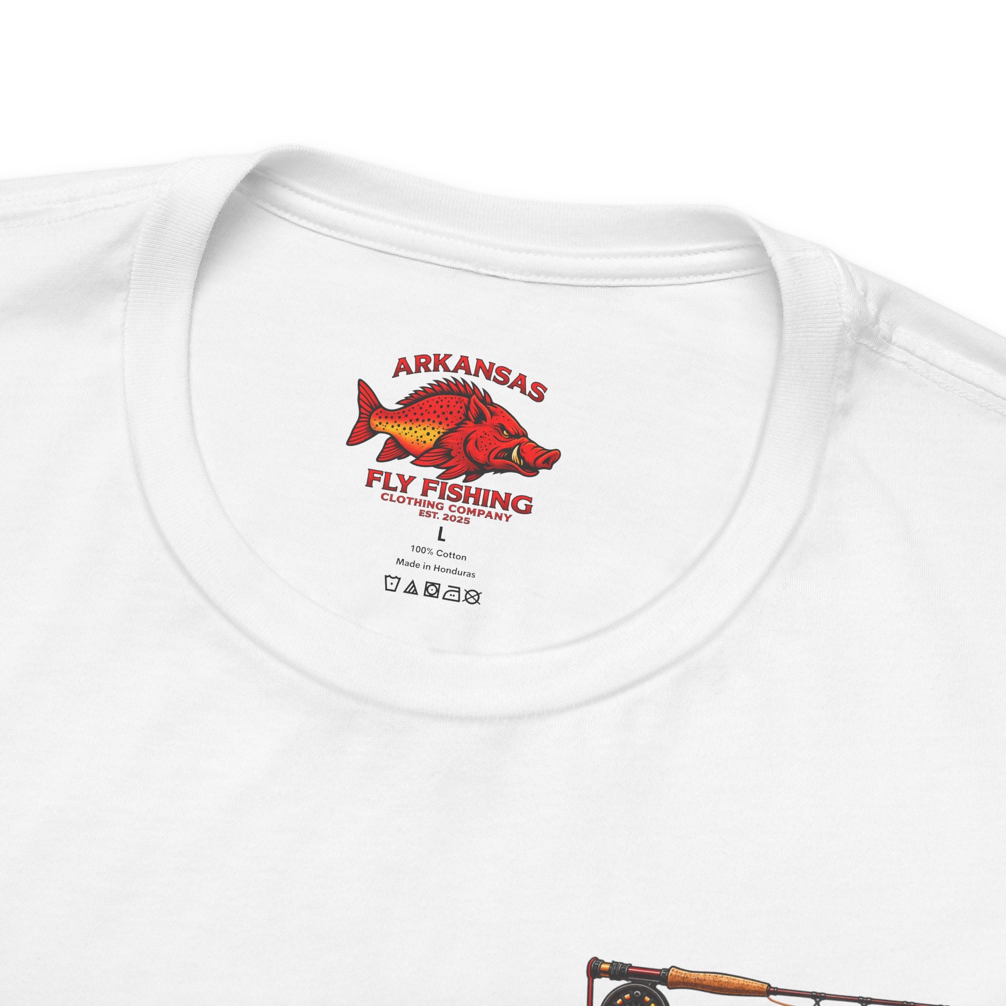 Athletic fit Runs Small Arkansas Fly Fishing Clothing Co. State outline Tee — Redfish State Map Pocket & Back Graphic