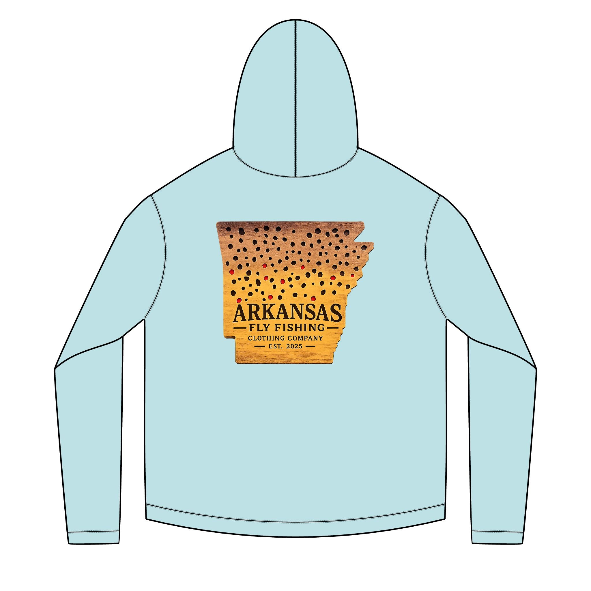 AFFCC Arkansas State Brown Trout Print Sun Hoodie — Brown Trout State Map Sun Hoodie