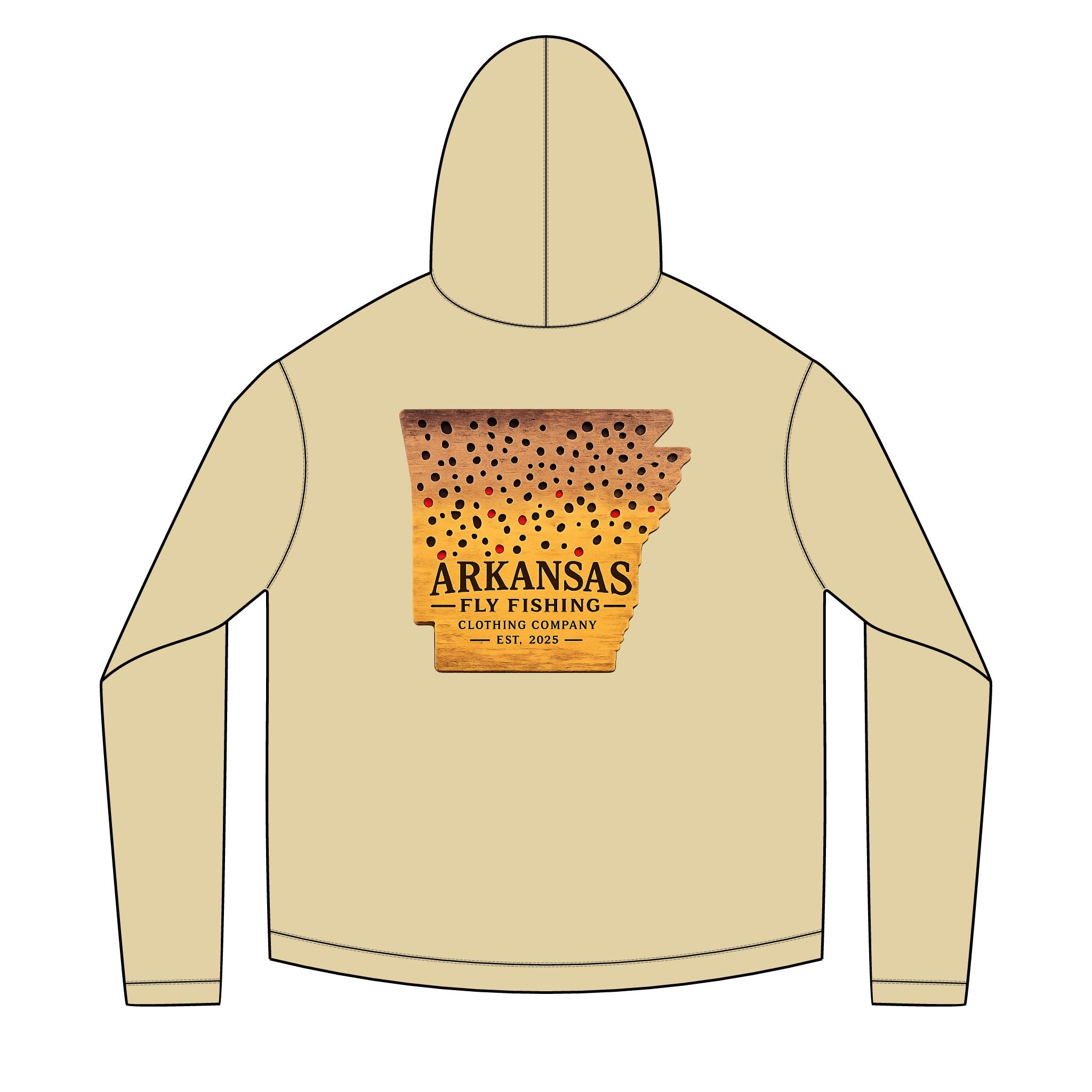 AFFCC Arkansas State Brown Trout Print Sun Hoodie — Brown Trout State Map Sun Hoodie