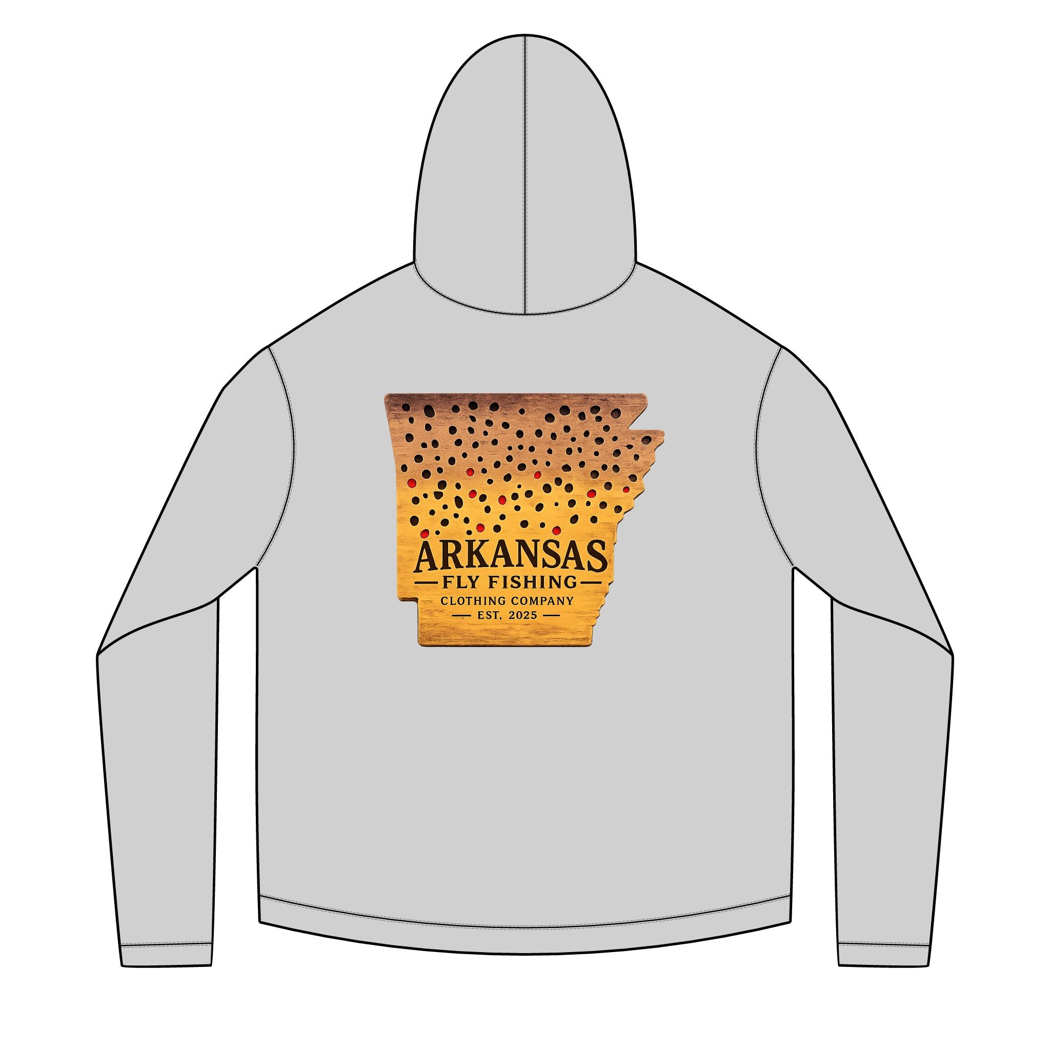 AFFCC Arkansas State Brown Trout Print Sun Hoodie — Brown Trout State Map Sun Hoodie