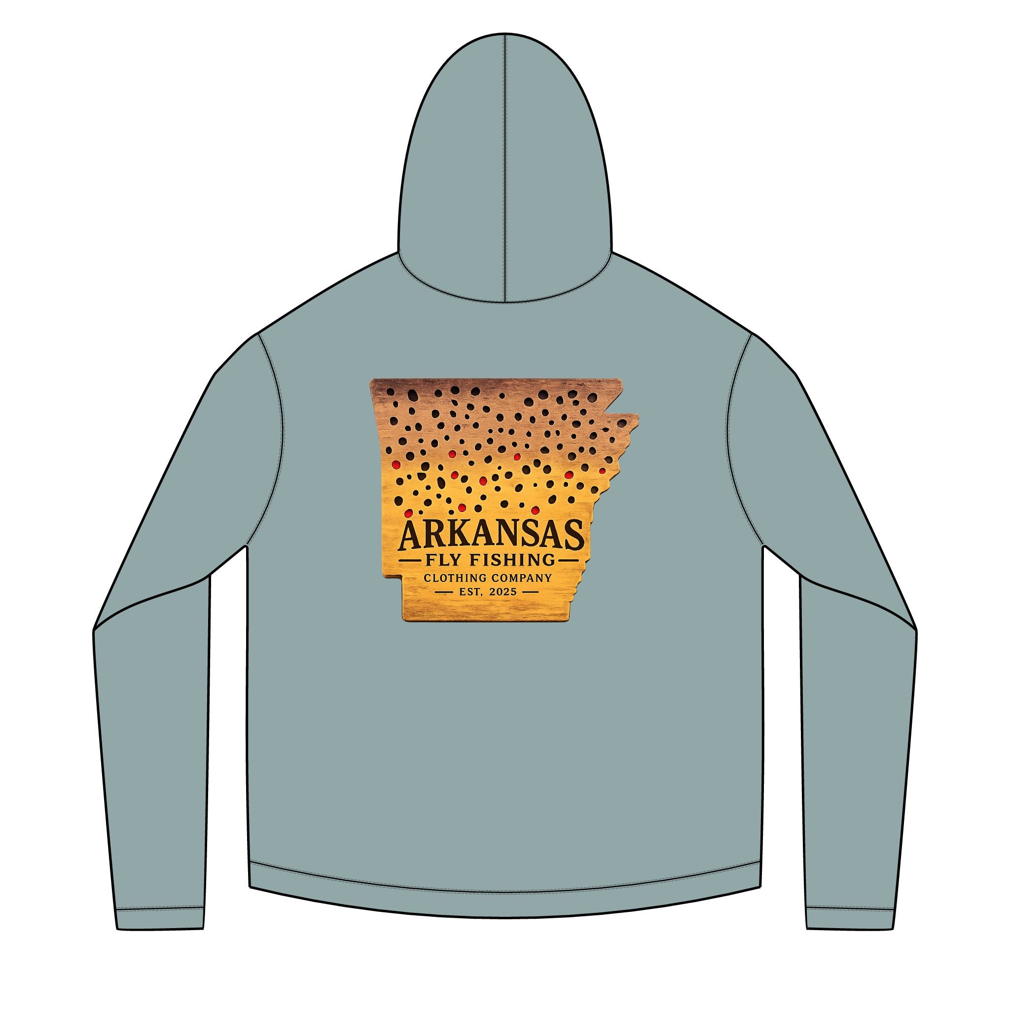 AFFCC Arkansas State Brown Trout Print Sun Hoodie — Brown Trout State Map Sun Hoodie