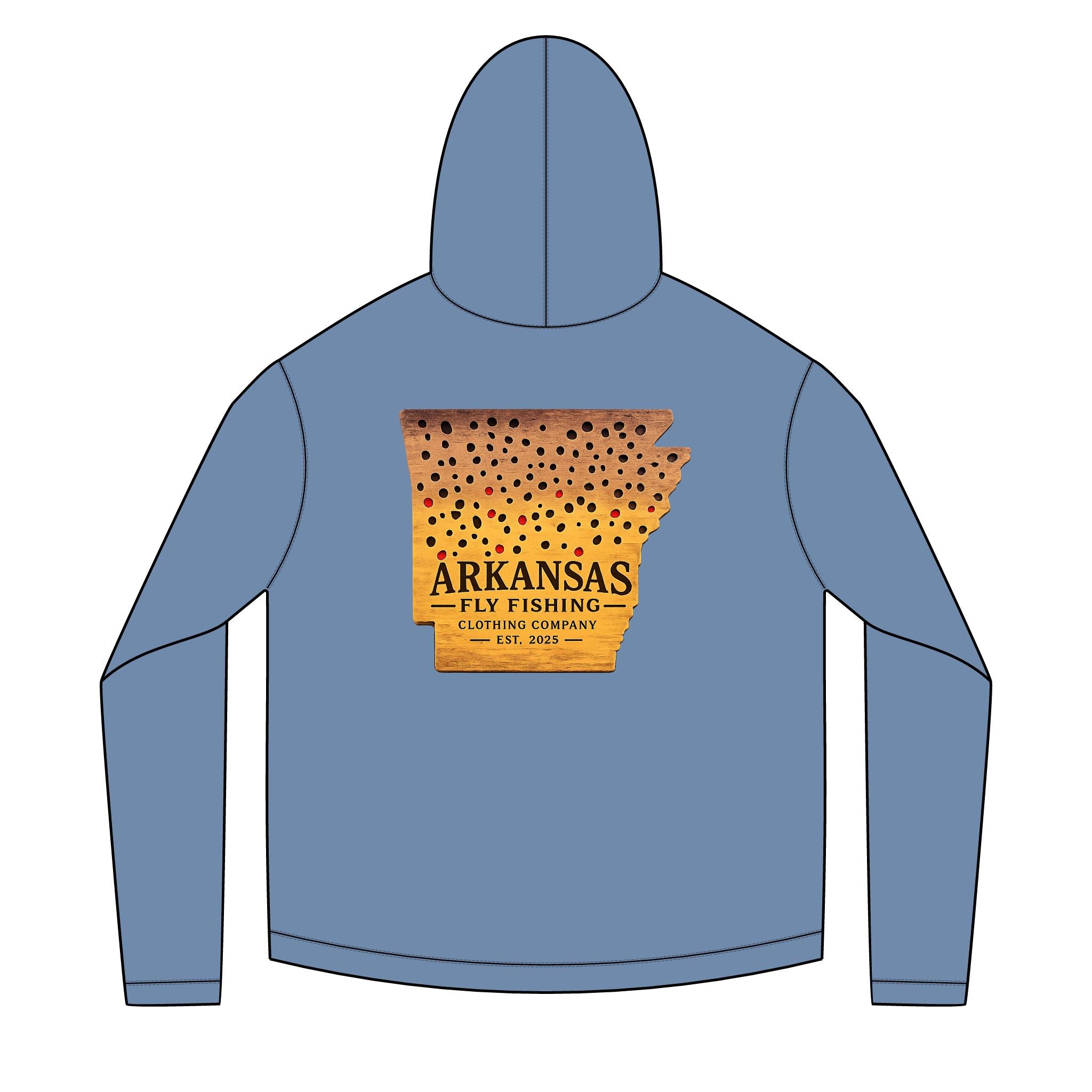 AFFCC Arkansas State Brown Trout Print Sun Hoodie — Brown Trout State Map Sun Hoodie